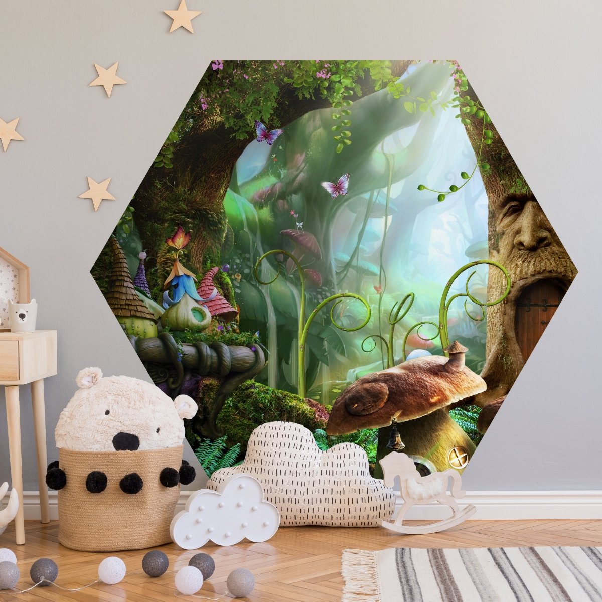 Hexagon-Fototapete Märchenwald mit Pilzhäusern M0010 - Bild 1 Hexagon-Fototapete Märchenwald mit Pilzhäusern M0010 - Bild 1