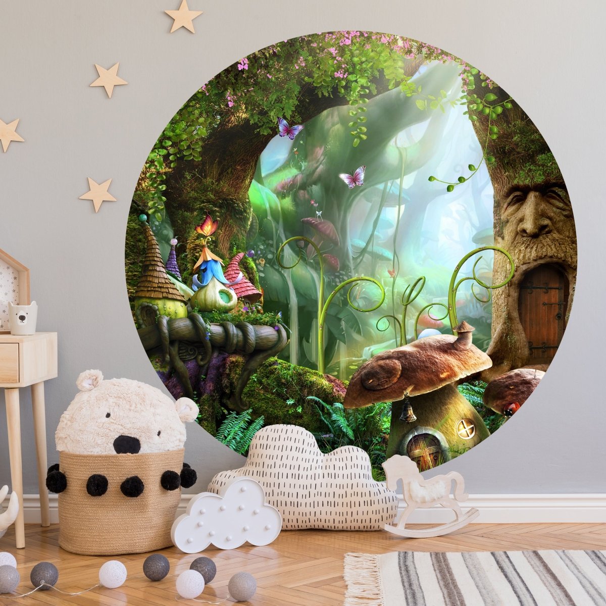 Runde Fototapete Märchenwald mit Pilzhäusern M0010 - Bild 1 Runde Fototapete Märchenwald mit Pilzhäusern M0010 - Bild 1