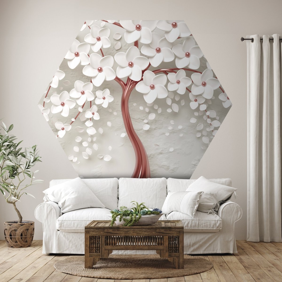 Hexagon-Fototapete roter Baum mit Blüten M0020 - Bild 1 Hexagon-Fototapete roter Baum mit Blüten M0020 - Bild 1