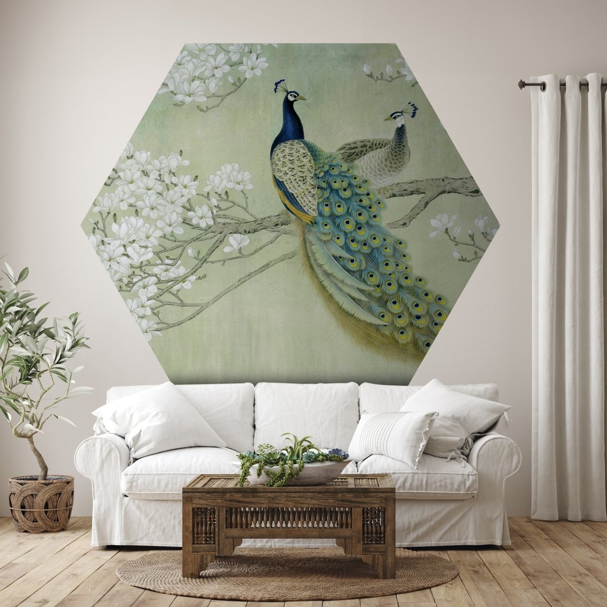 Hexagon-Fototapete Pfaue auf blühendem Zweig M0022 - Bild 1 Hexagon-Fototapete Pfaue auf blühendem Zweig M0022 - Bild 1
