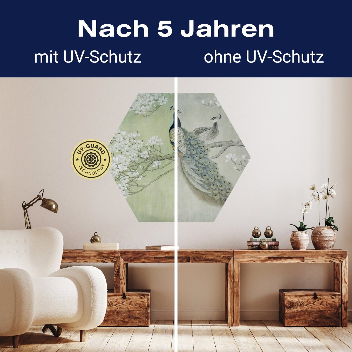 Hexagon-Fototapete Pfaue auf blühendem Zweig M0022 - Bild 9 Hexagon-Fototapete Pfaue auf blühendem Zweig M0022 - Bild 9