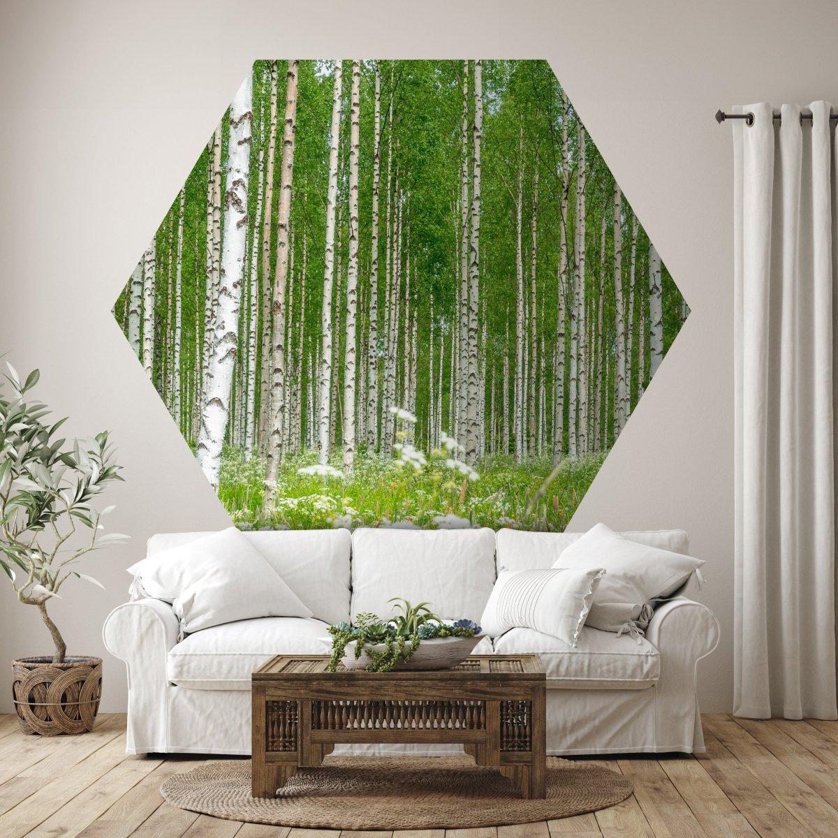 Hexagon-Fototapete Birkenwald mit Blumenwiese M0024 - Bild 1 Hexagon-Fototapete Birkenwald mit Blumenwiese M0024 - Bild 1