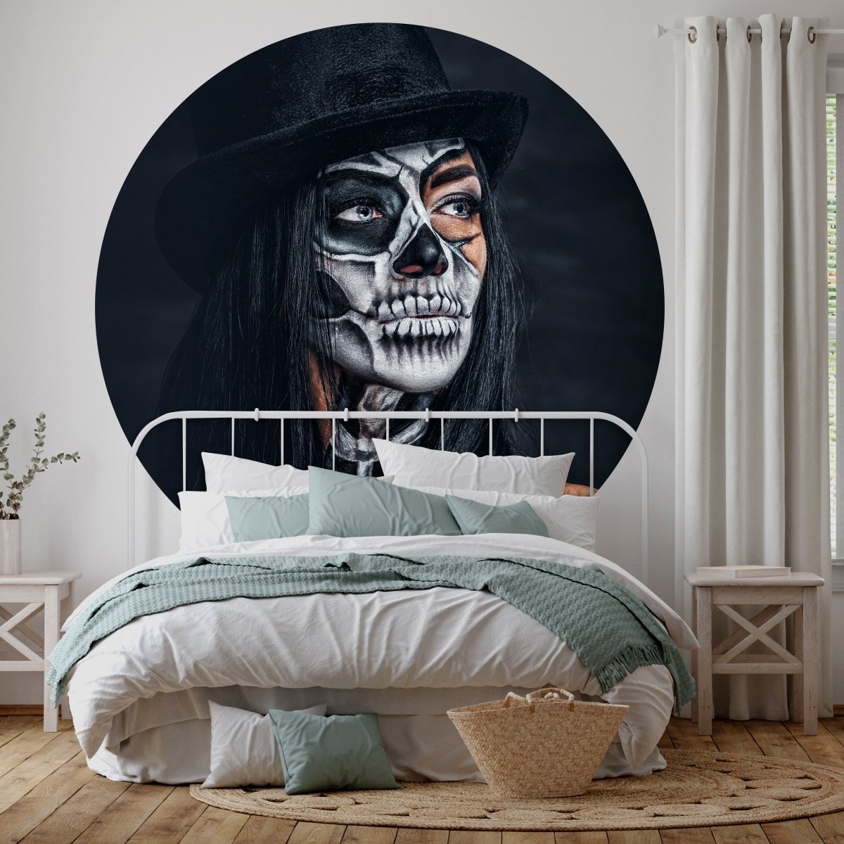 Runde Fototapete Frau mit Totenkopf M0033 - Bild 1 Runde Fototapete Frau mit Totenkopf M0033 - Bild 1