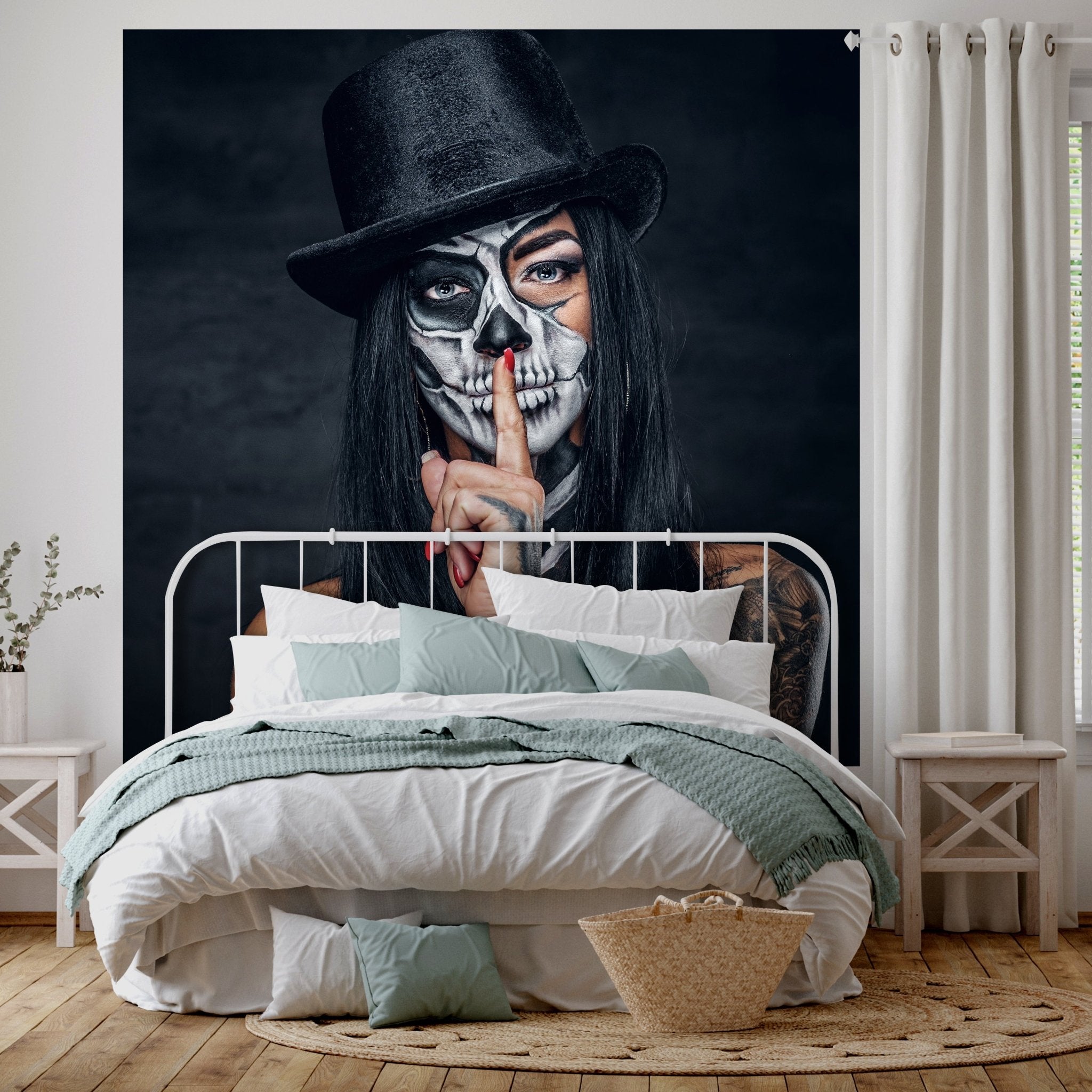 Quadratische Fototapete Frau mit Totenkopf M0034 - Bild 1 Quadratische Fototapete Frau mit Totenkopf M0034 - Bild 1