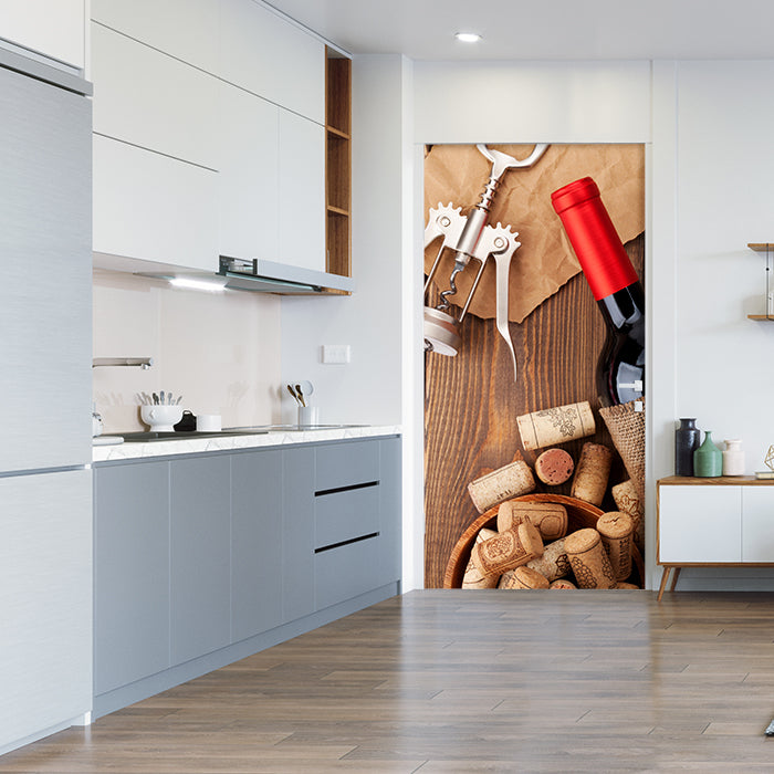 Türtapete Rotweinflasche, Schüssel mit Korken und Korkenzieher M0832 - Bild 1 Türtapete Rotweinflasche, Schüssel mit Korken und Korkenzieher M0832 - Bild 1