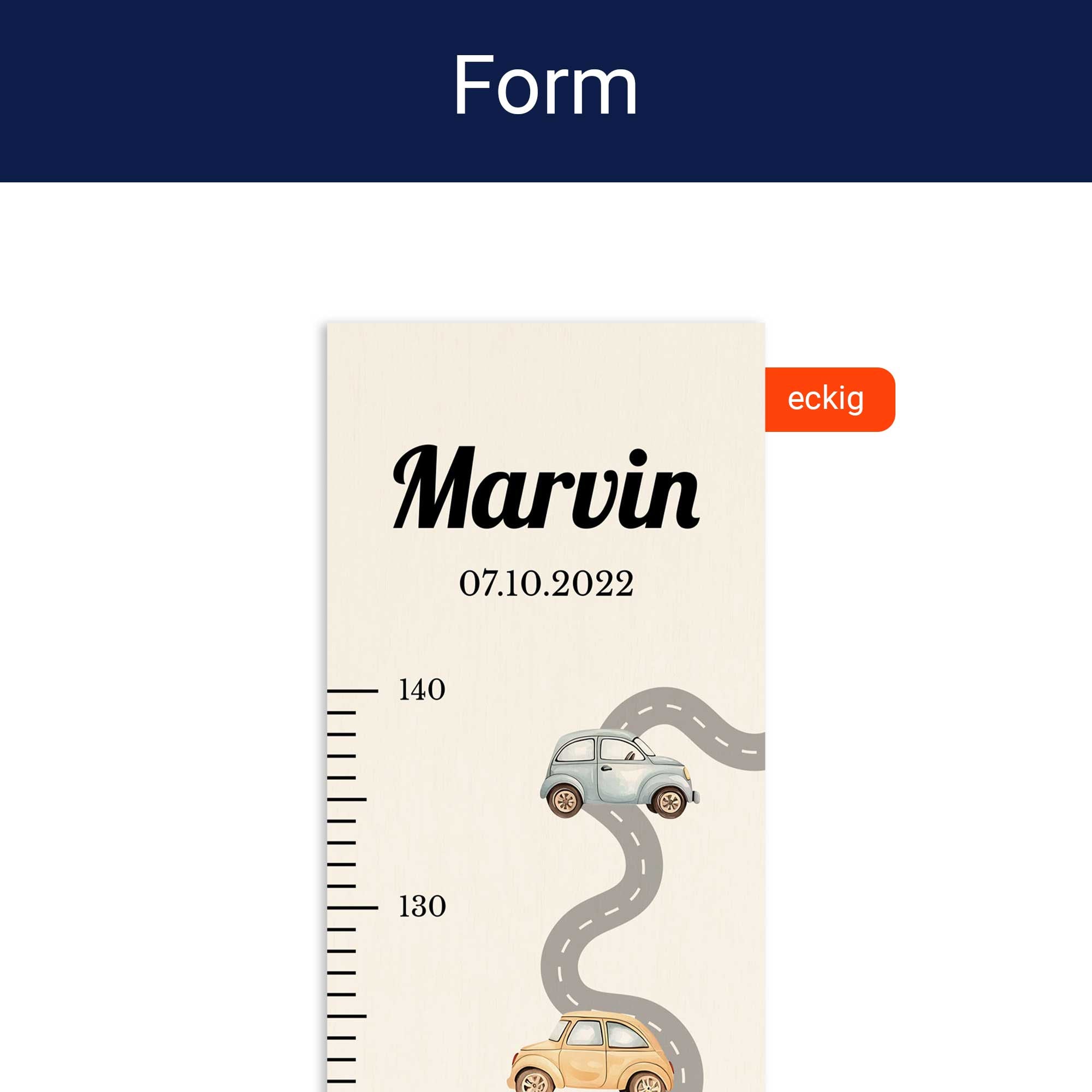 Detailansicht der eckigen Form der personalisierten Messlatte. Detailansicht der eckigen Form der personalisierten Messlatte.