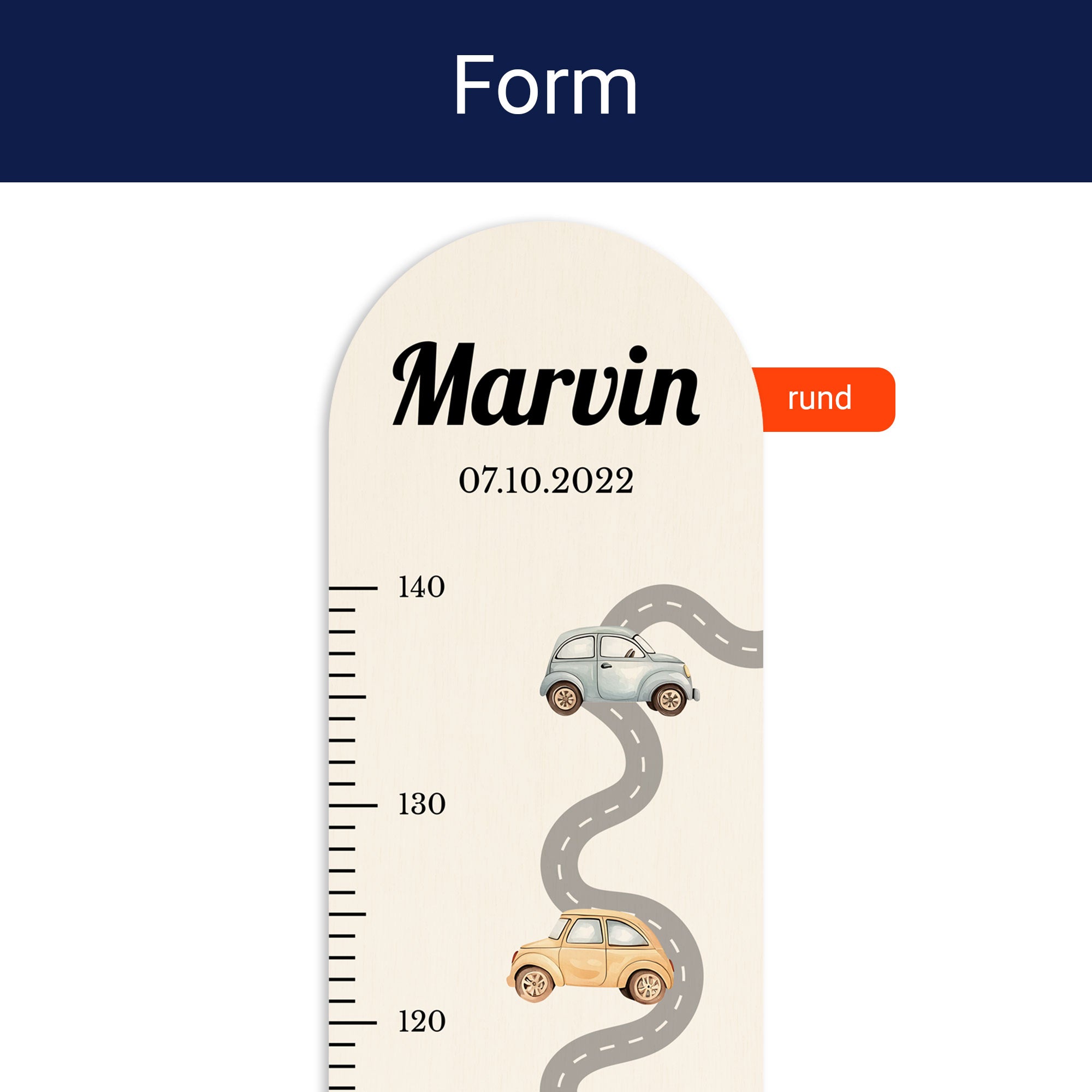 Detailansicht der oben runden Form der personalisierten Messlatte. Detailansicht der oben runden Form der personalisierten Messlatte.