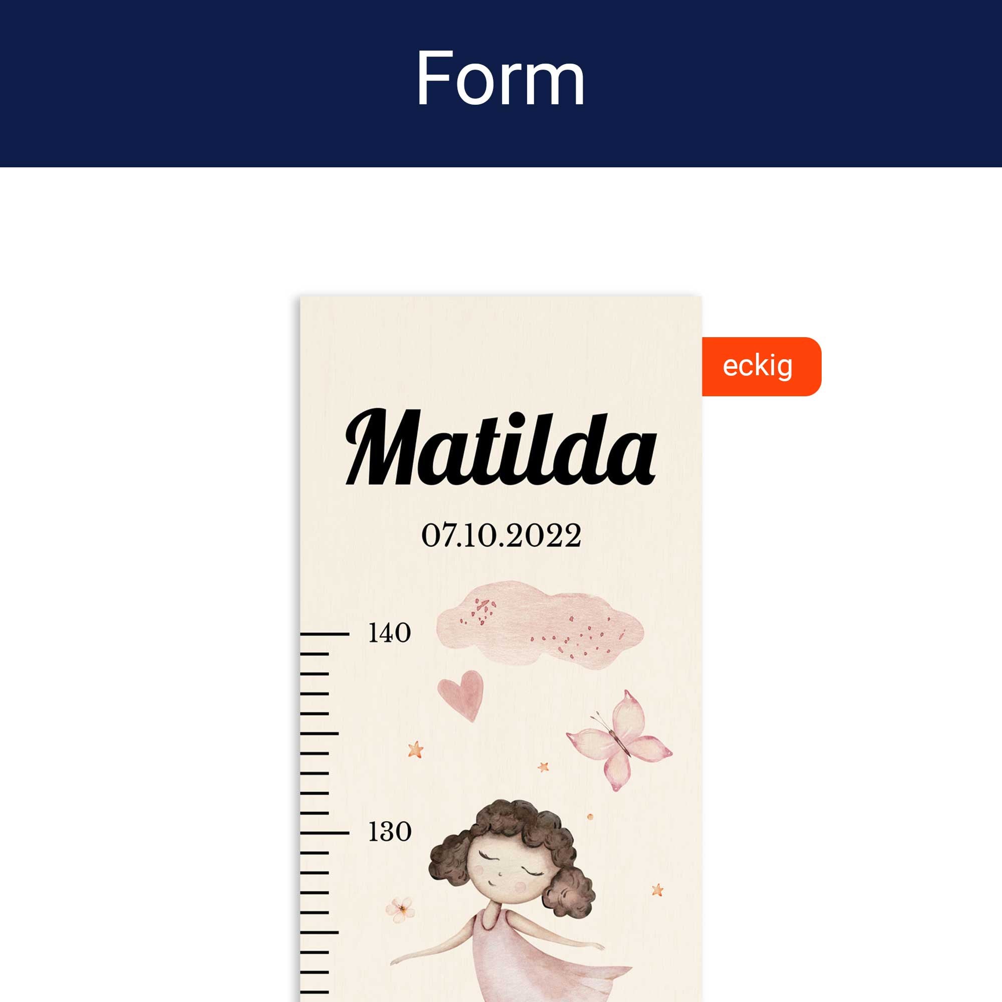 Detailansicht der eckigen Form der personalisierten Messlatte. Detailansicht der eckigen Form der personalisierten Messlatte.