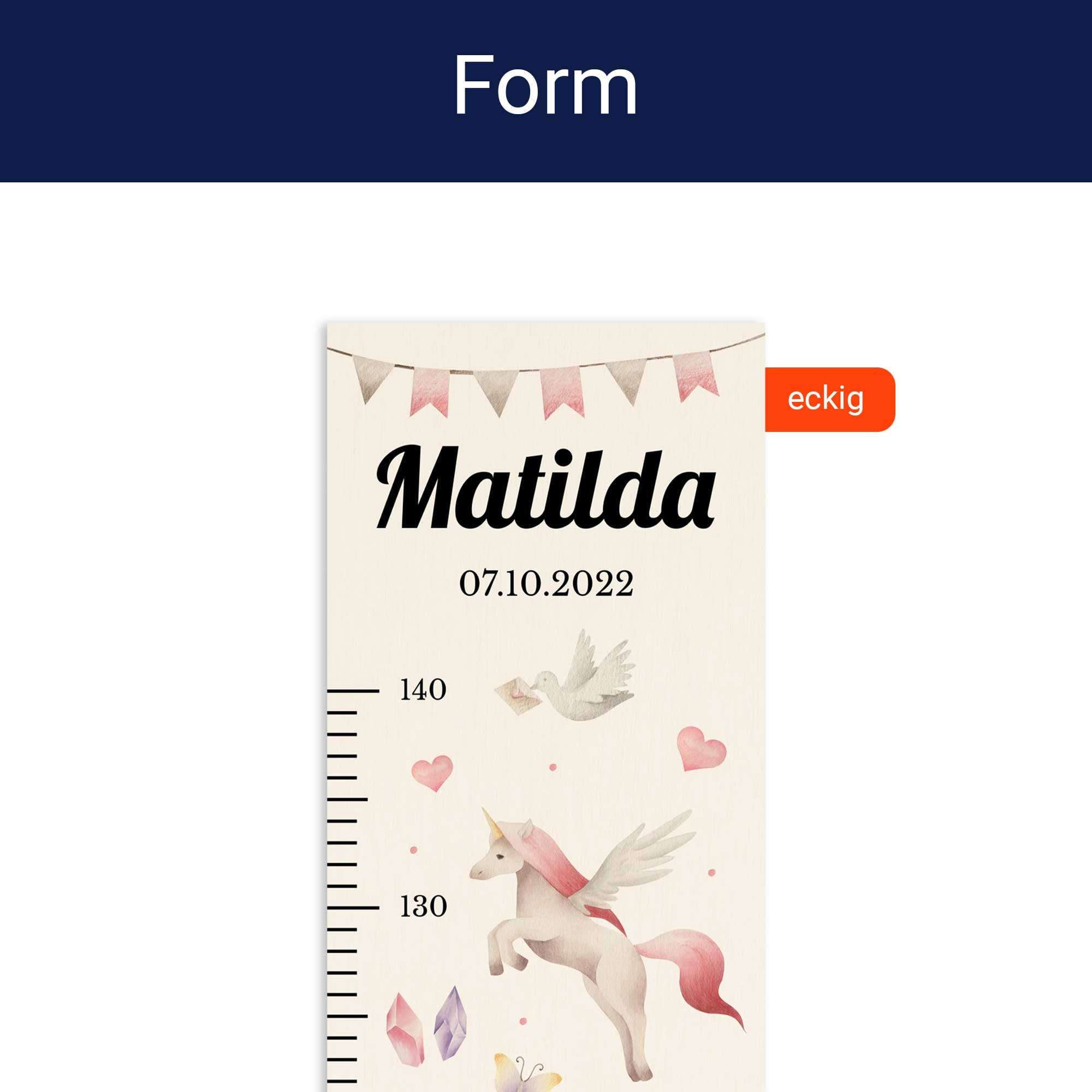 Detailansicht der eckigen Form der personalisierten Messlatte. Detailansicht der eckigen Form der personalisierten Messlatte.