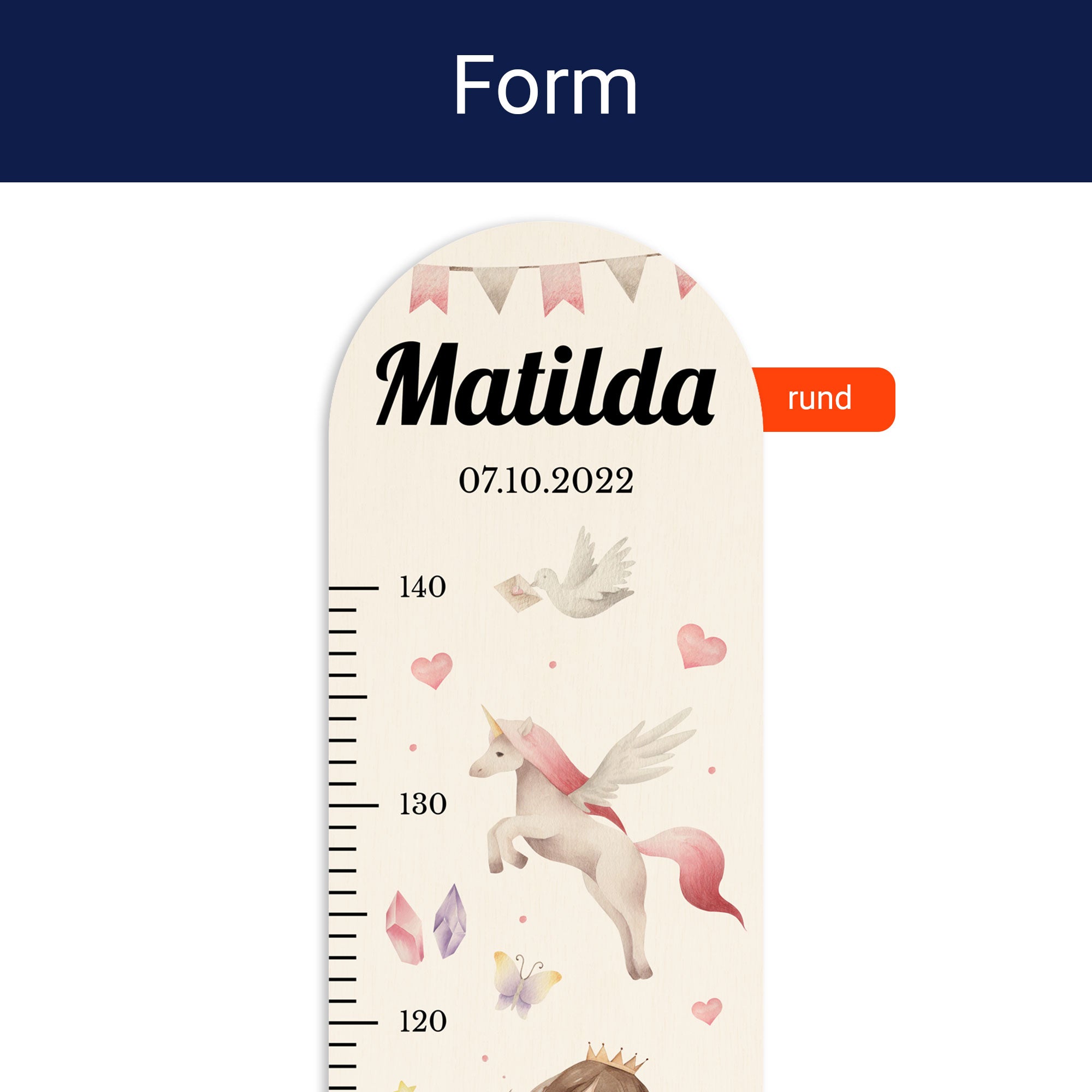 Detailansicht der oben runden Form der personalisierten Messlatte. Detailansicht der oben runden Form der personalisierten Messlatte.