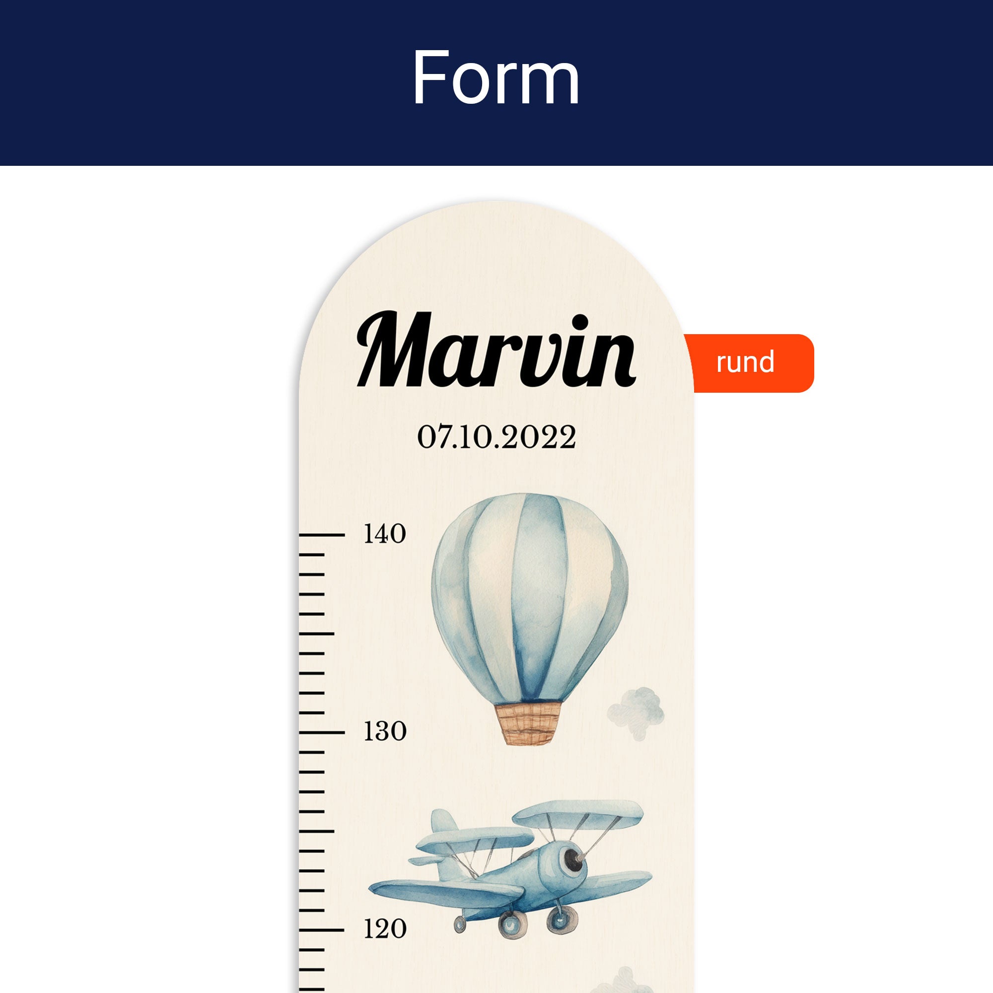 Detailansicht der oben runden Form der personalisierten Messlatte. Detailansicht der oben runden Form der personalisierten Messlatte.