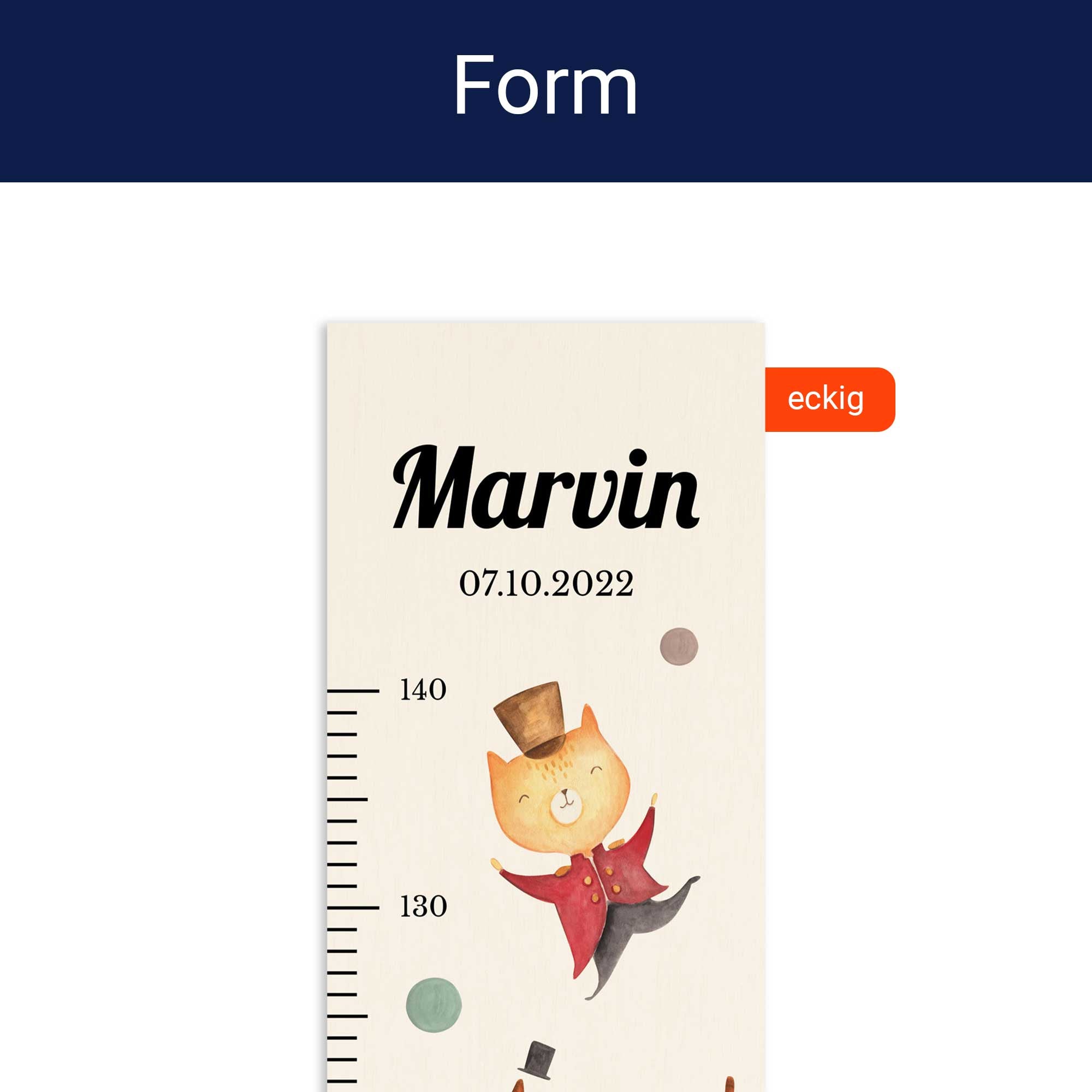 Detailansicht der eckigen Form der personalisierten Messlatte. Detailansicht der eckigen Form der personalisierten Messlatte.