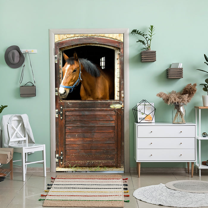 Türtapete Pferd an Stall-tür, Pferde, Tiere, Holz M1070 - Bild 1 Türtapete Pferd an Stall-tür, Pferde, Tiere, Holz M1070 - Bild 1