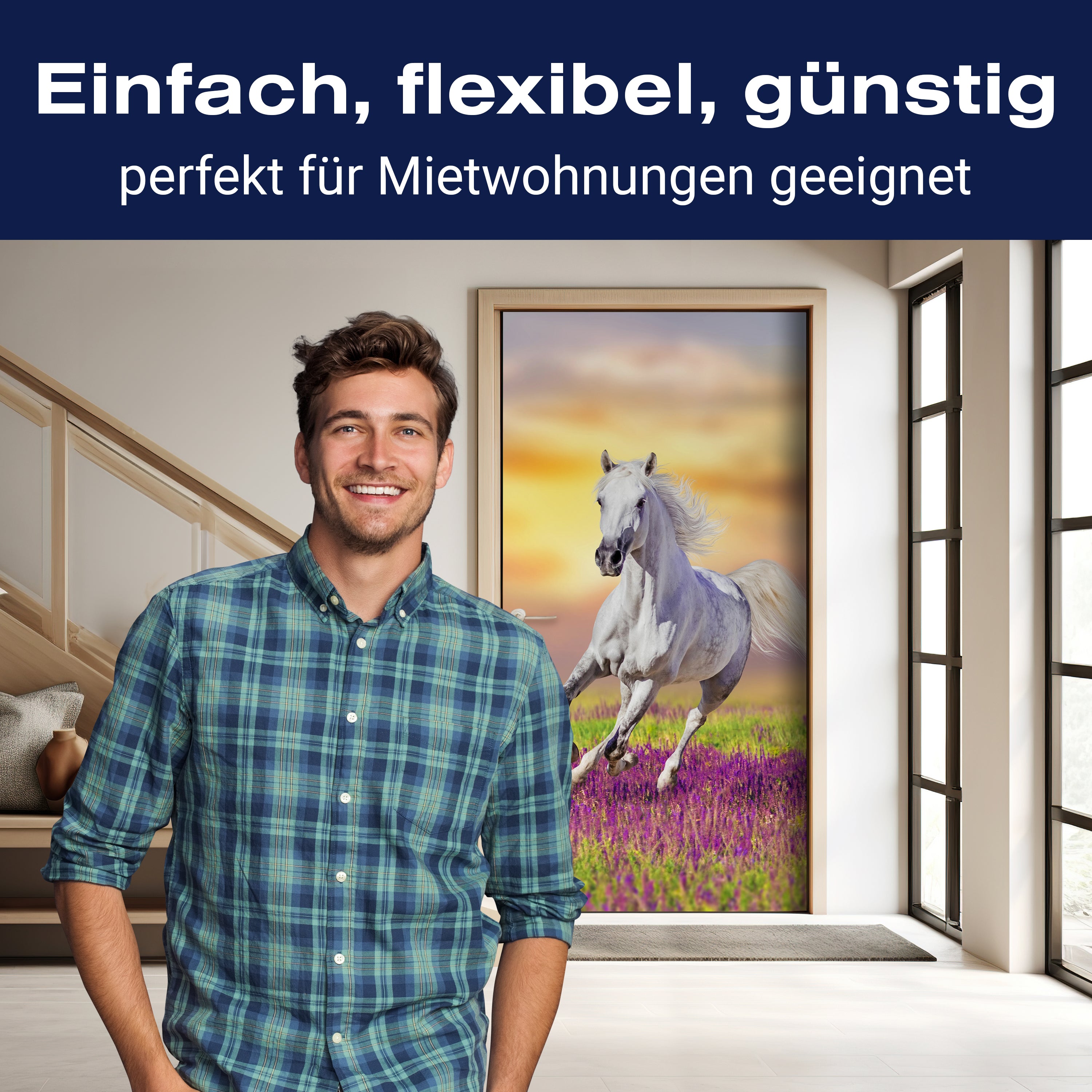 Türtapete Weißes Pferd galoppiert über Blumenwiese M1166 - Bild 3 Türtapete Weißes Pferd galoppiert über Blumenwiese M1166 - Bild 3