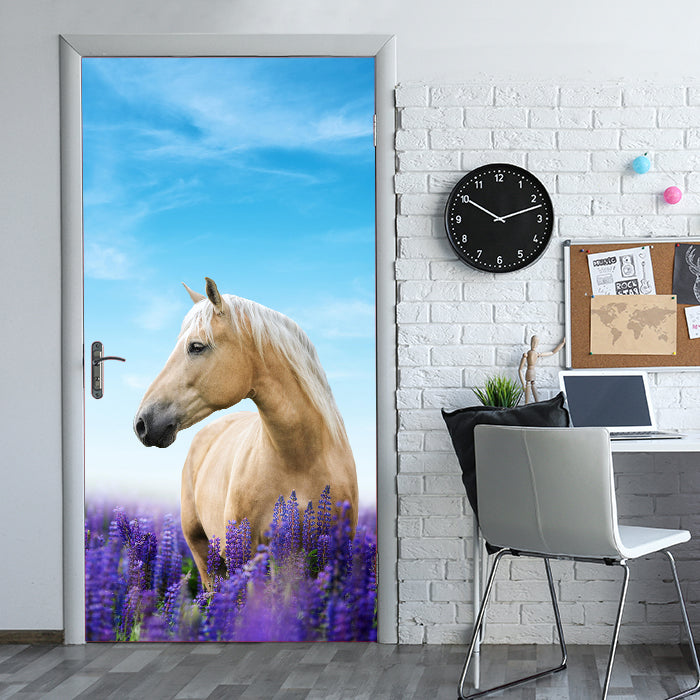 Türtapete Pferd in Lupinen Feld, Himmel, Lila M1170 - Bild 1 Türtapete Pferd in Lupinen Feld, Himmel, Lila M1170 - Bild 1