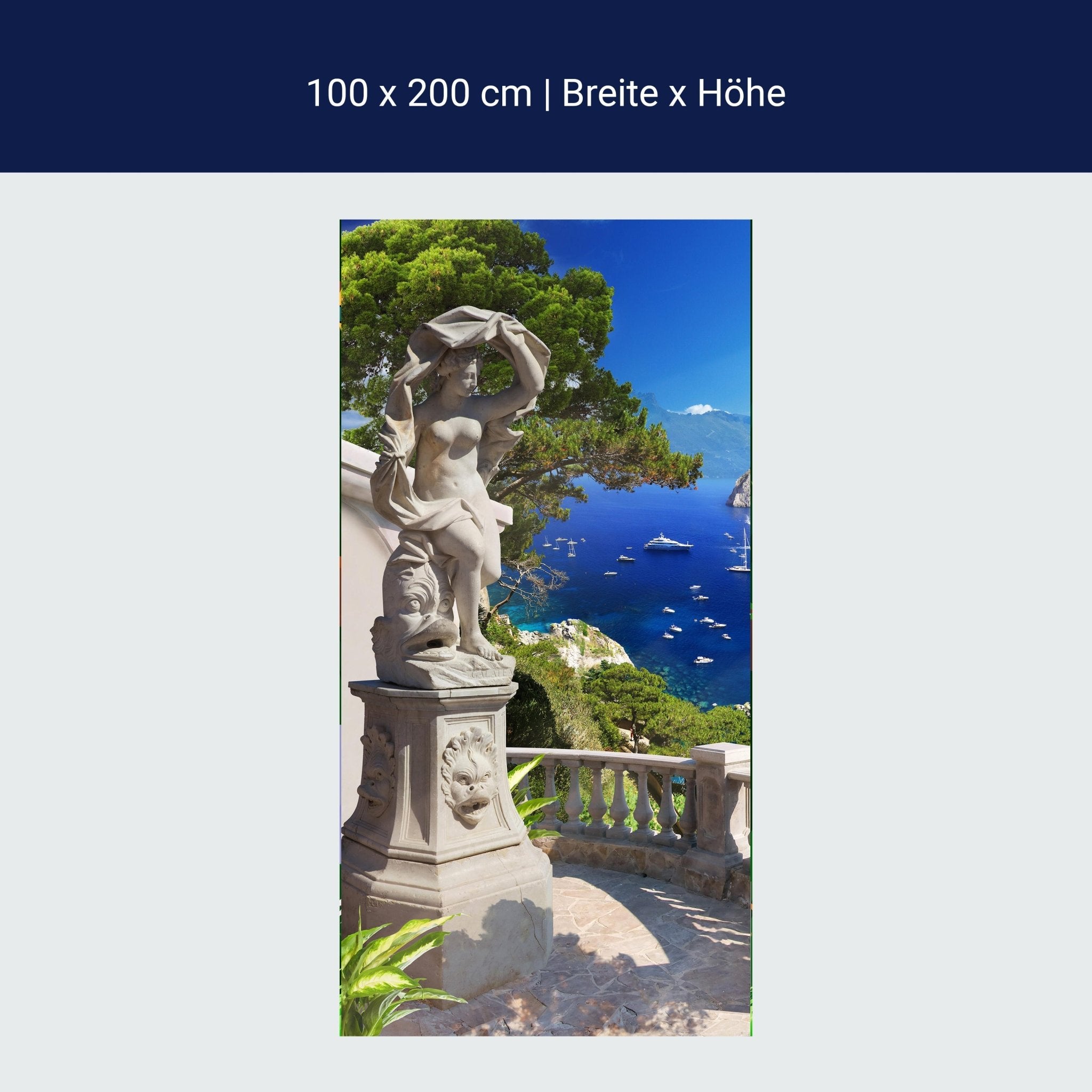 Türtapete Statue auf Balkon, Blick aufs Meer, Baum M1243 Türtapete Statue auf Balkon, Blick aufs Meer, Baum M1243