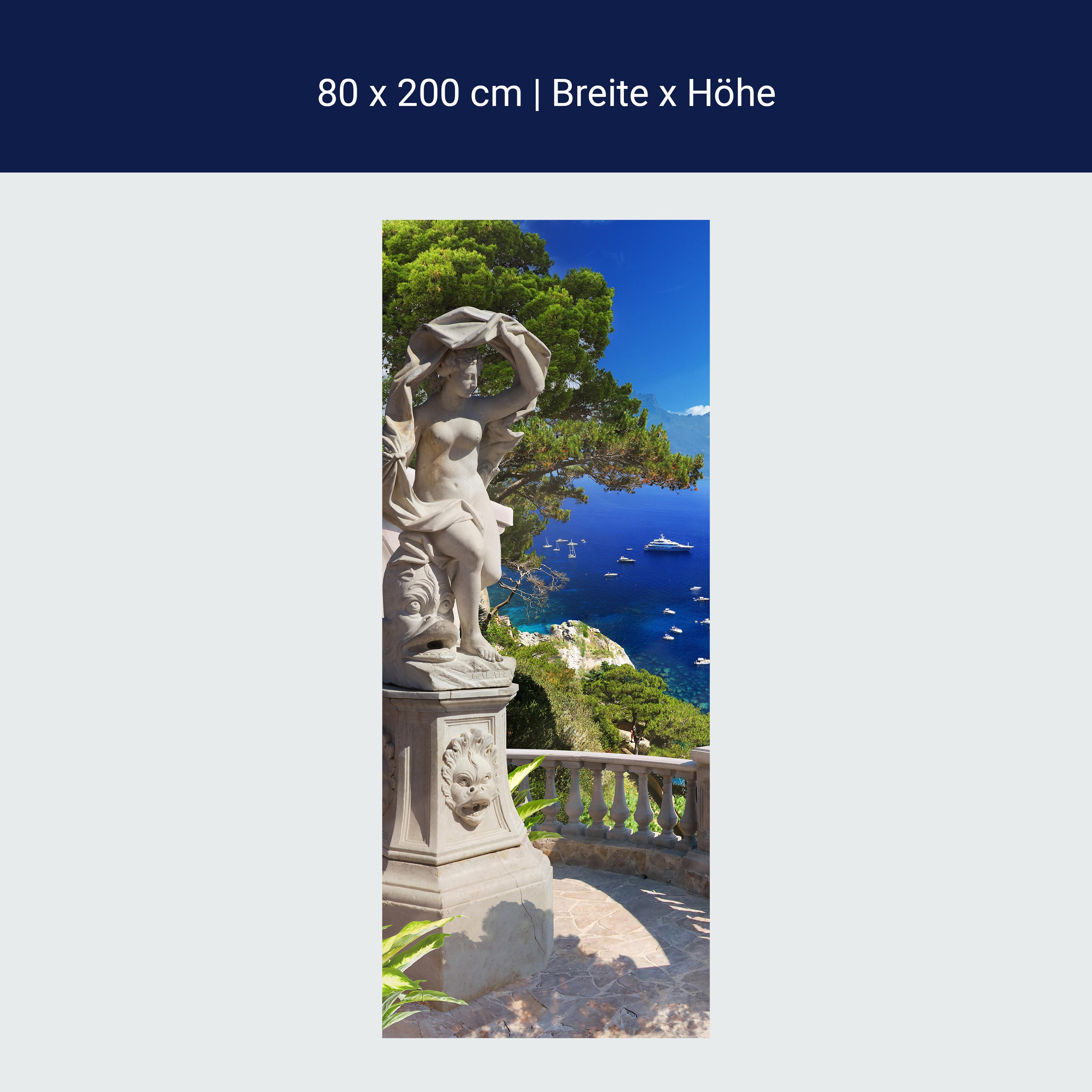 Türtapete Statue auf Balkon, Blick aufs Meer, Baum M1243 Türtapete Statue auf Balkon, Blick aufs Meer, Baum M1243