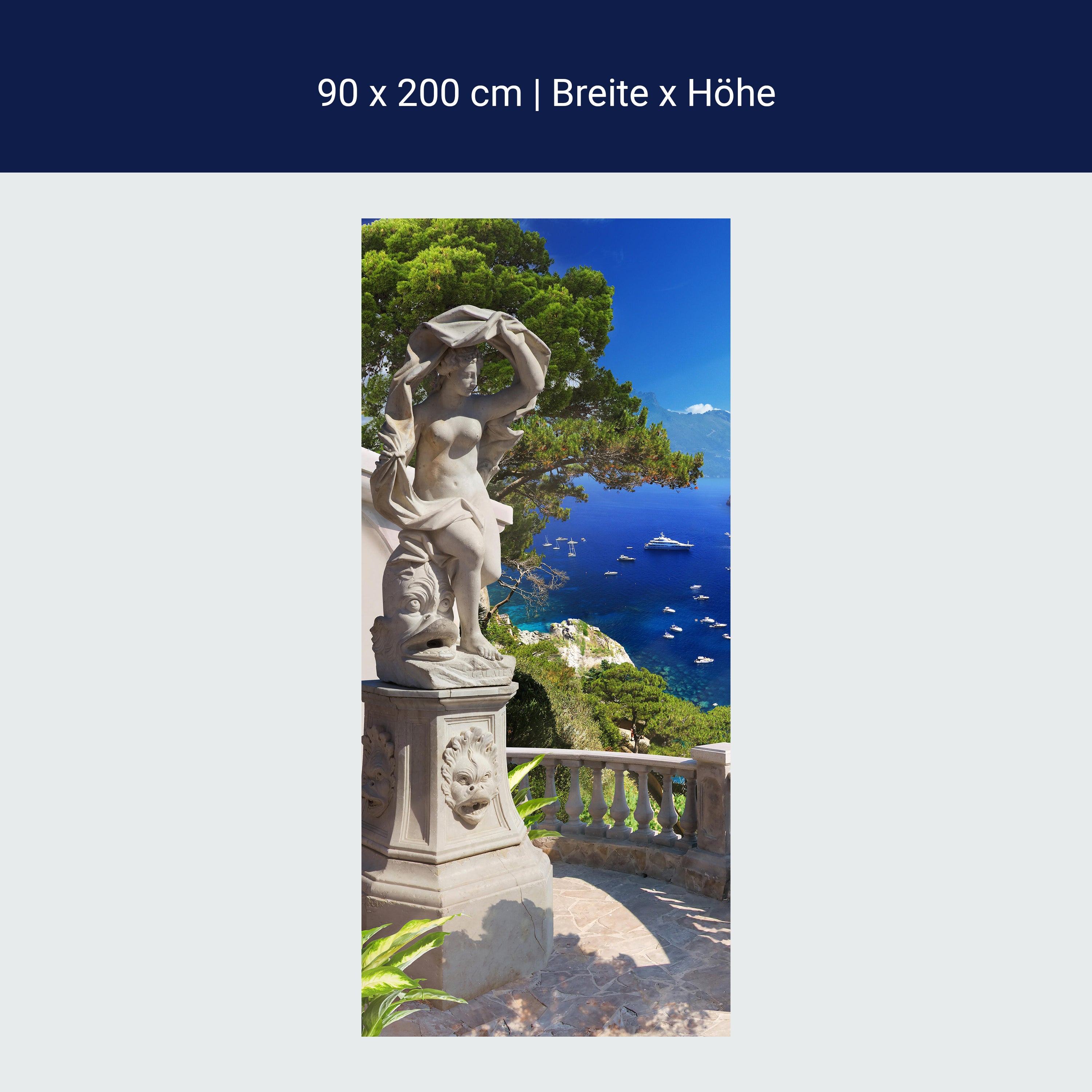Türtapete Statue auf Balkon, Blick aufs Meer, Baum M1243 Türtapete Statue auf Balkon, Blick aufs Meer, Baum M1243