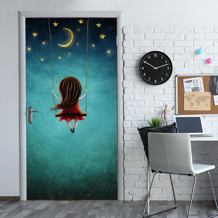 Türtapete Mädchen, Schaukel, Himmel, Mond, Sterne M1259 - Bild 1 Türtapete Mädchen, Schaukel, Himmel, Mond, Sterne M1259 - Bild 1