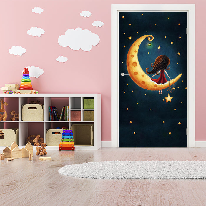 Türtapete Mädchen sitzt auf Mond, Nacht, Sterne M1262 - Bild 1 Türtapete Mädchen sitzt auf Mond, Nacht, Sterne M1262 - Bild 1