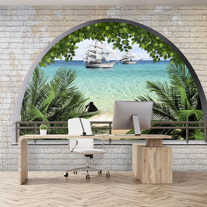 Fototapete Ziegelmauer Meer Palmen M1270 - Bild 1 Fototapete Ziegelmauer Meer Palmen M1270 - Bild 1