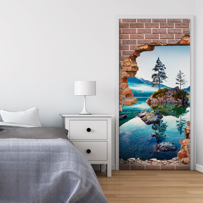 Türtapete 3D Ziegelwand, See, Berge, Baum, Felsen M1281 - Bild 1 Türtapete 3D Ziegelwand, See, Berge, Baum, Felsen M1281 - Bild 1