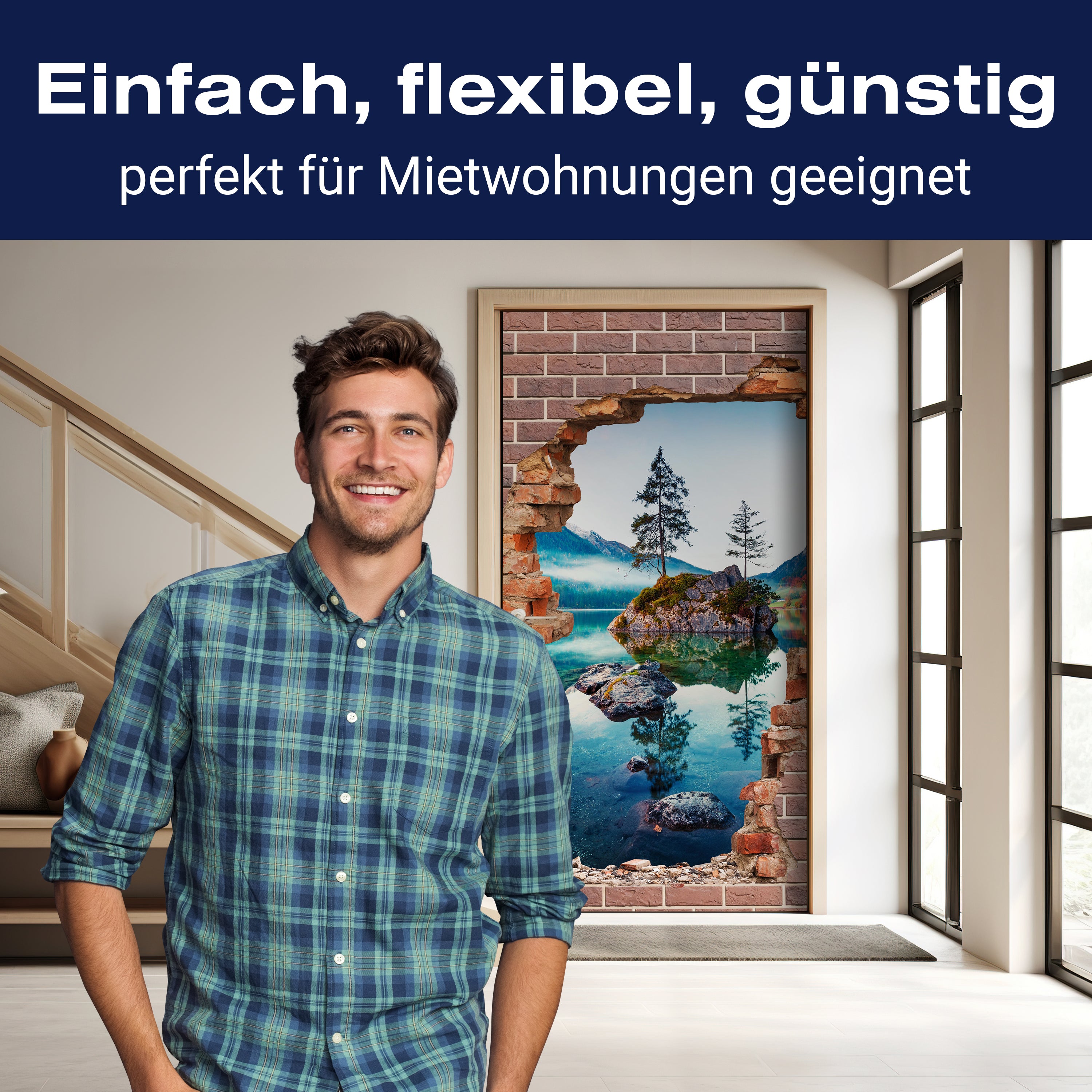 Türtapete 3D Ziegelwand, See, Berge, Baum, Felsen M1281 - Bild 3 Türtapete 3D Ziegelwand, See, Berge, Baum, Felsen M1281 - Bild 3