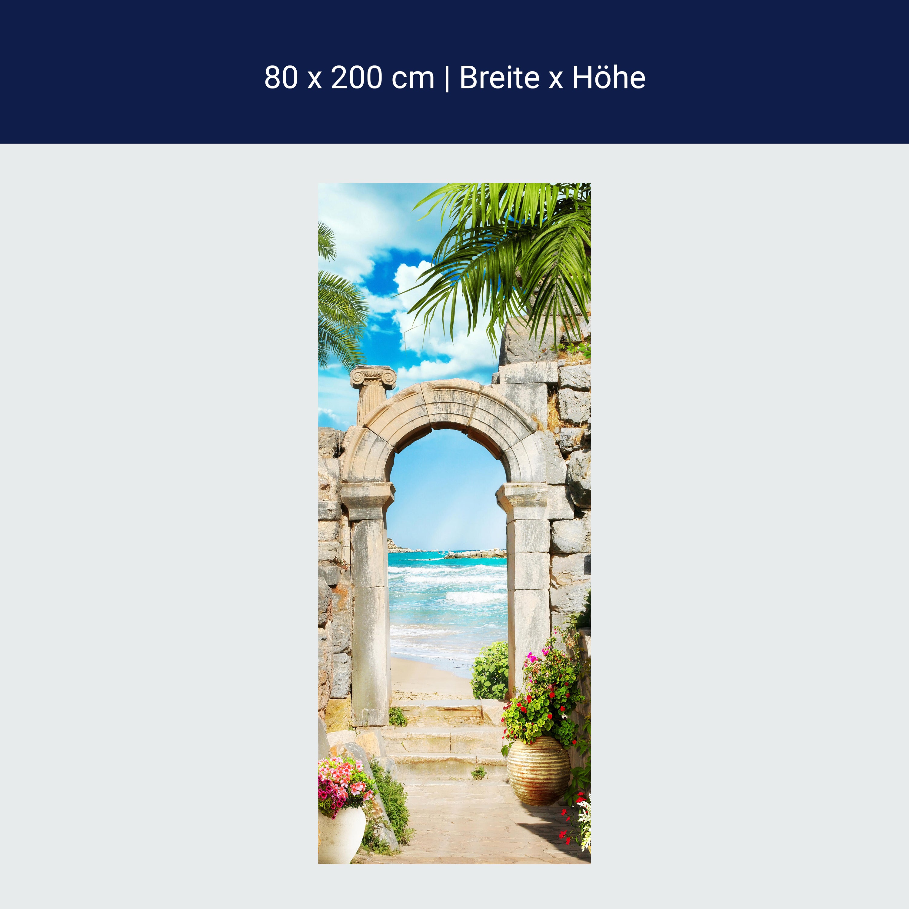 Türtapete Blick aufs Meer, Torbogen, Palmen, Stein M1297 Türtapete Blick aufs Meer, Torbogen, Palmen, Stein M1297