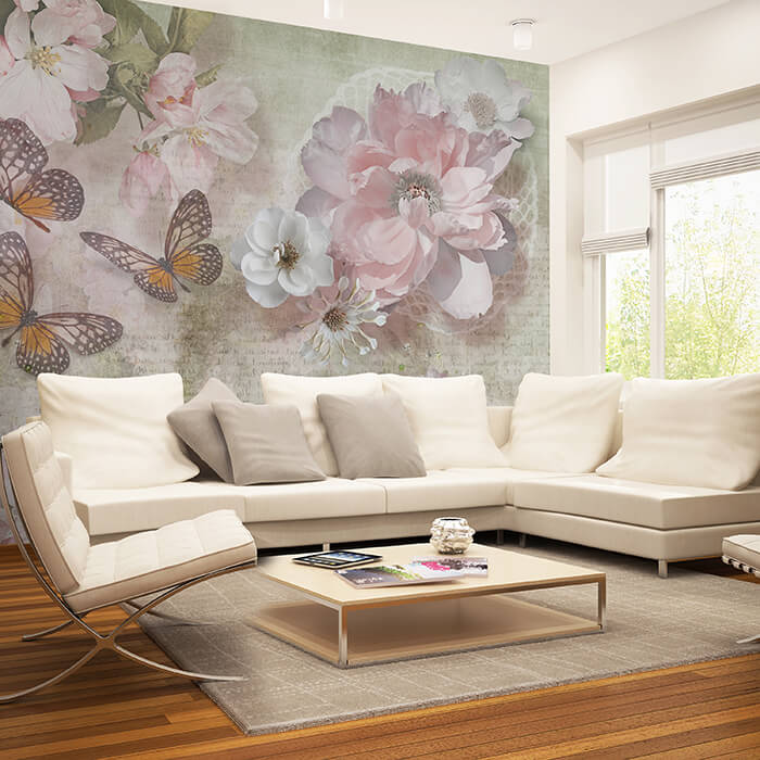 Fototapete Blumen Schmetterlinge Retro M1303 - Bild 1 Fototapete Blumen Schmetterlinge Retro M1303 - Bild 1