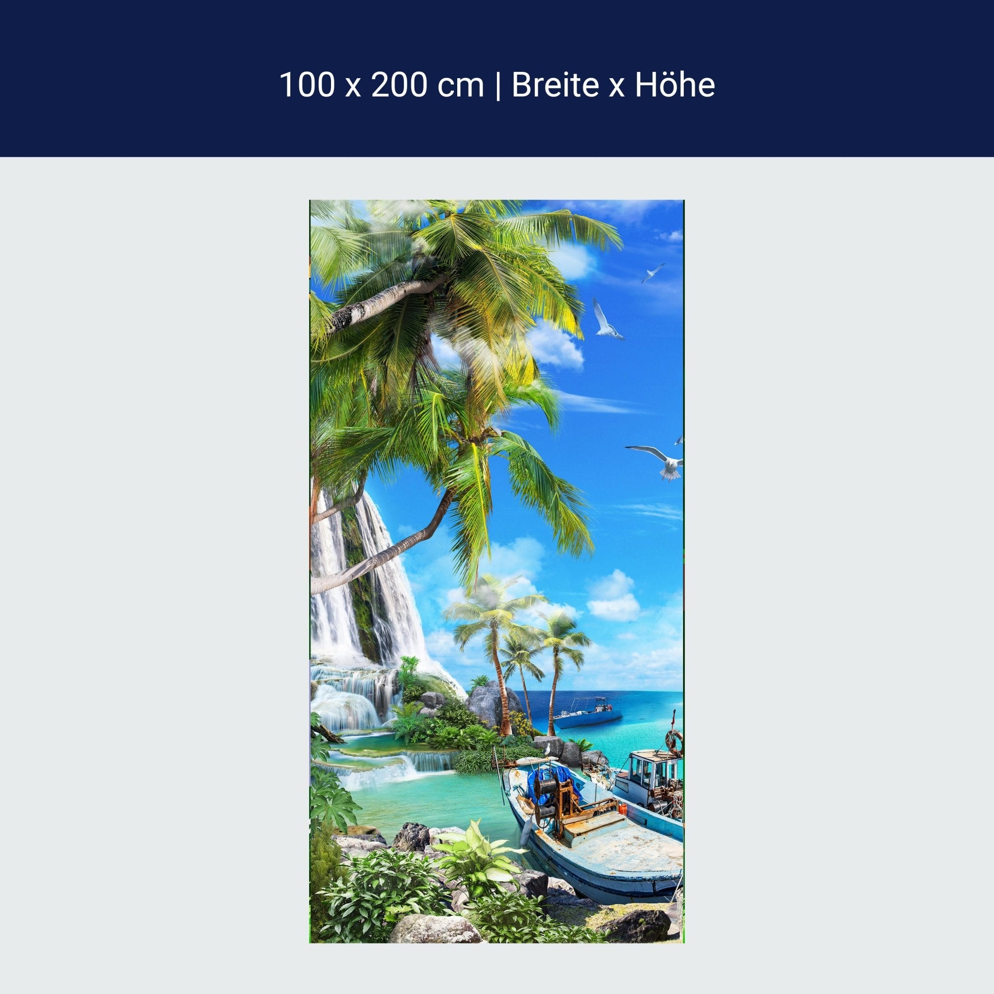 Türtapete Wasserfall ins Meer, Palmen, Boote M1306 Türtapete Wasserfall ins Meer, Palmen, Boote M1306