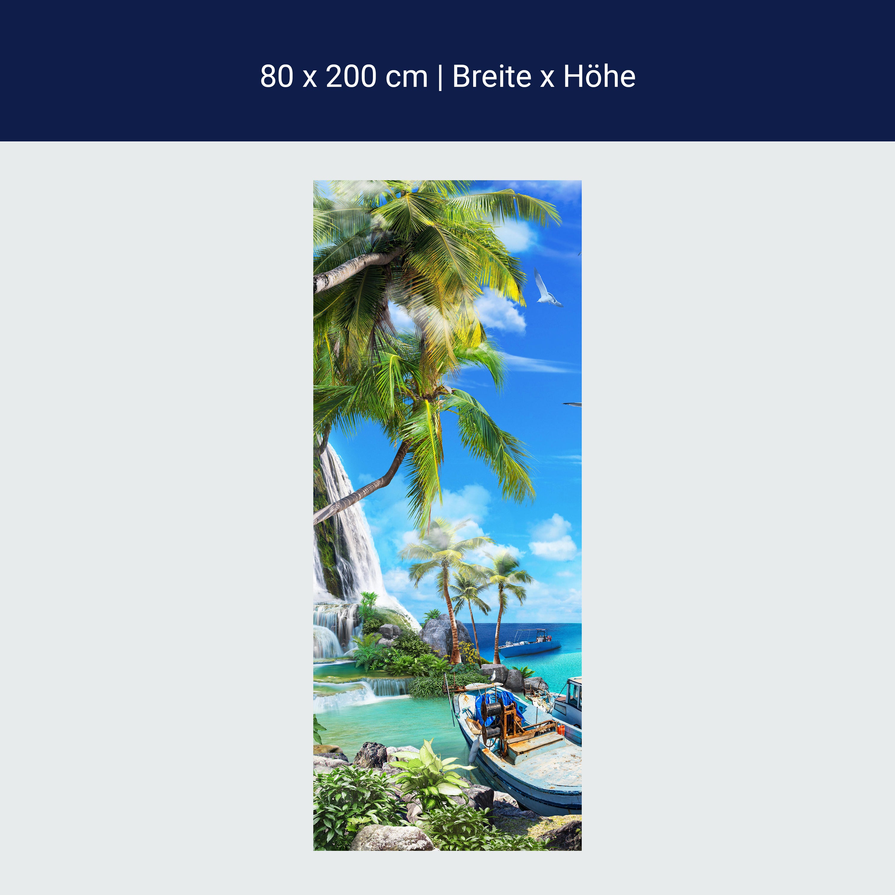 Türtapete Wasserfall ins Meer, Palmen, Boote M1306 Türtapete Wasserfall ins Meer, Palmen, Boote M1306