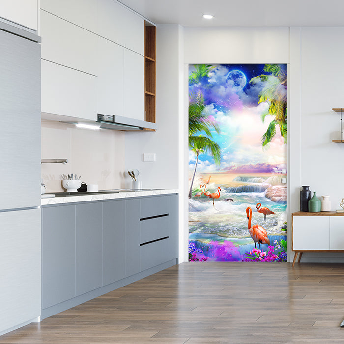 Türtapete Flamingos am Meer, Lila Wolken, Mond M1310 - Bild 1 Türtapete Flamingos am Meer, Lila Wolken, Mond M1310 - Bild 1