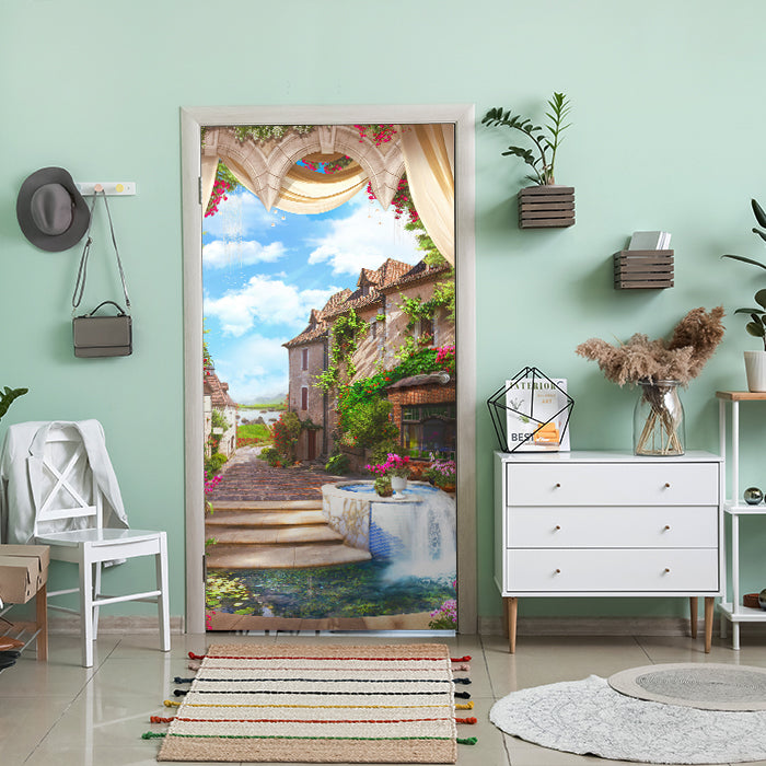 Türtapete altes Dorf, Brunnen, Romantik, Pflanzen M1322 - Bild 1 Türtapete altes Dorf, Brunnen, Romantik, Pflanzen M1322 - Bild 1