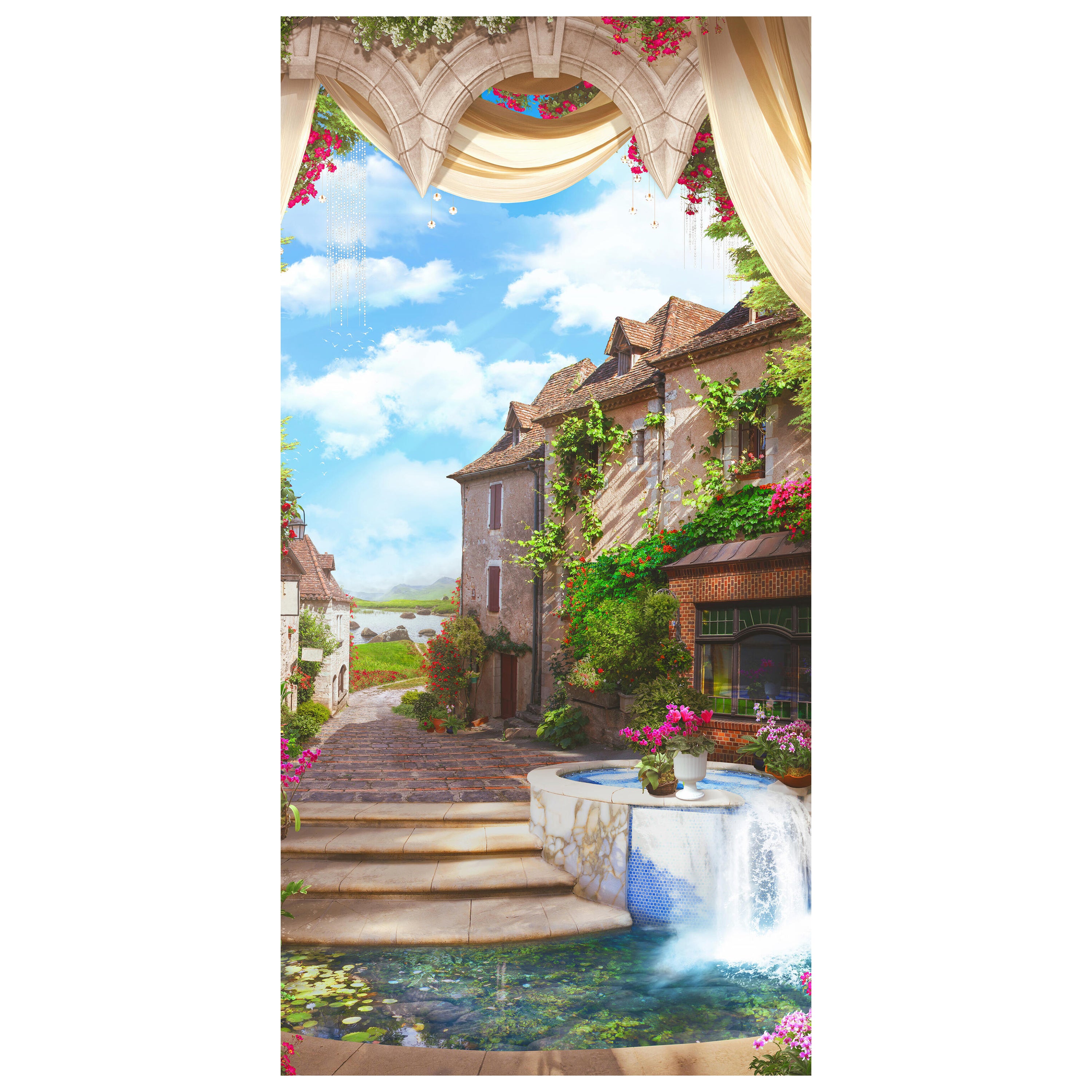 Türtapete altes Dorf, Brunnen, Romantik, Pflanzen M1322 - Bild 2 Türtapete altes Dorf, Brunnen, Romantik, Pflanzen M1322 - Bild 2