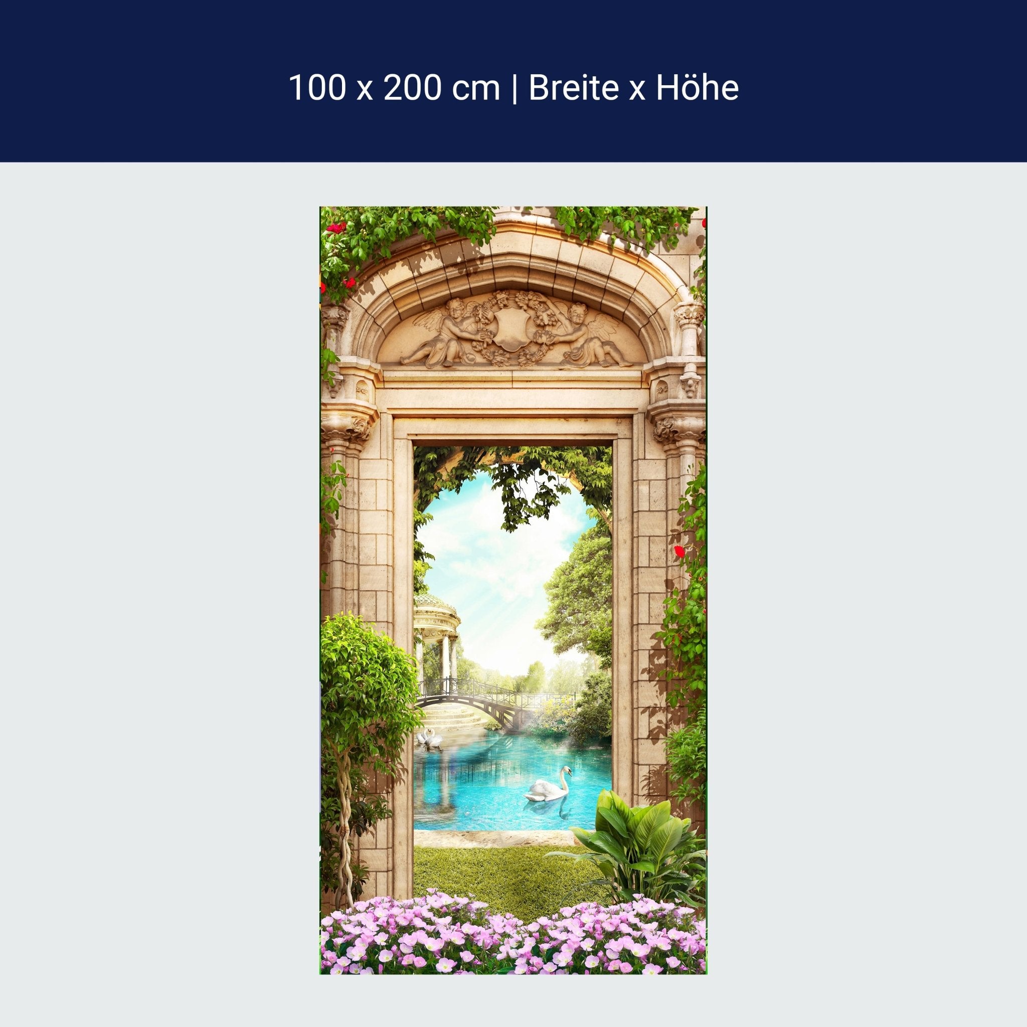 Türtapete Blick in Park, Schwan, Teich, Brücke M1328 Türtapete Blick in Park, Schwan, Teich, Brücke M1328