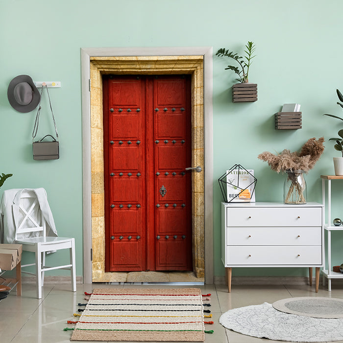 Türtapete rote Holztür, Maserung, Holz, Metall M1381 - Bild 1 Türtapete rote Holztür, Maserung, Holz, Metall M1381 - Bild 1