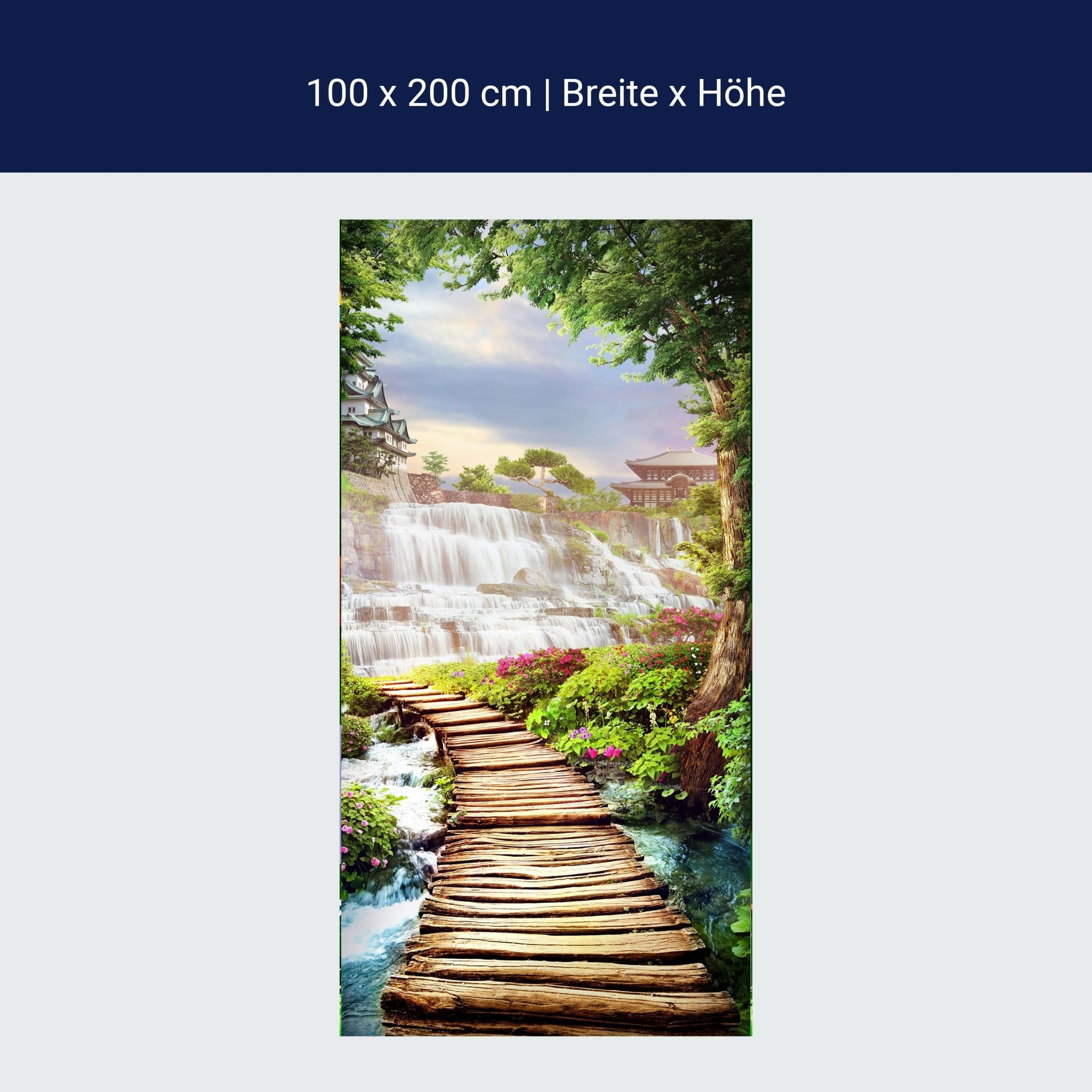Türtapete Steg Wasserfall Pagode Baum M1410 Türtapete Steg Wasserfall Pagode Baum M1410