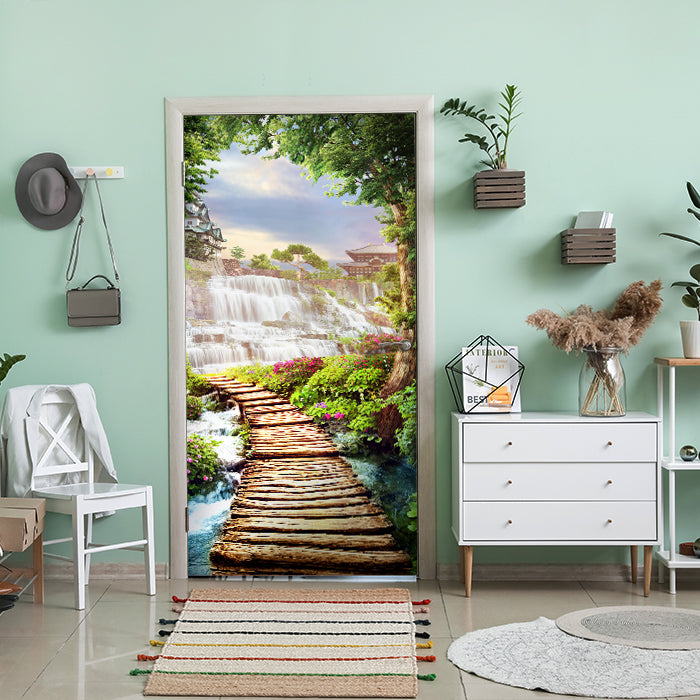 Türtapete Steg Wasserfall Pagode Baum M1410 - Bild 1 Türtapete Steg Wasserfall Pagode Baum M1410 - Bild 1