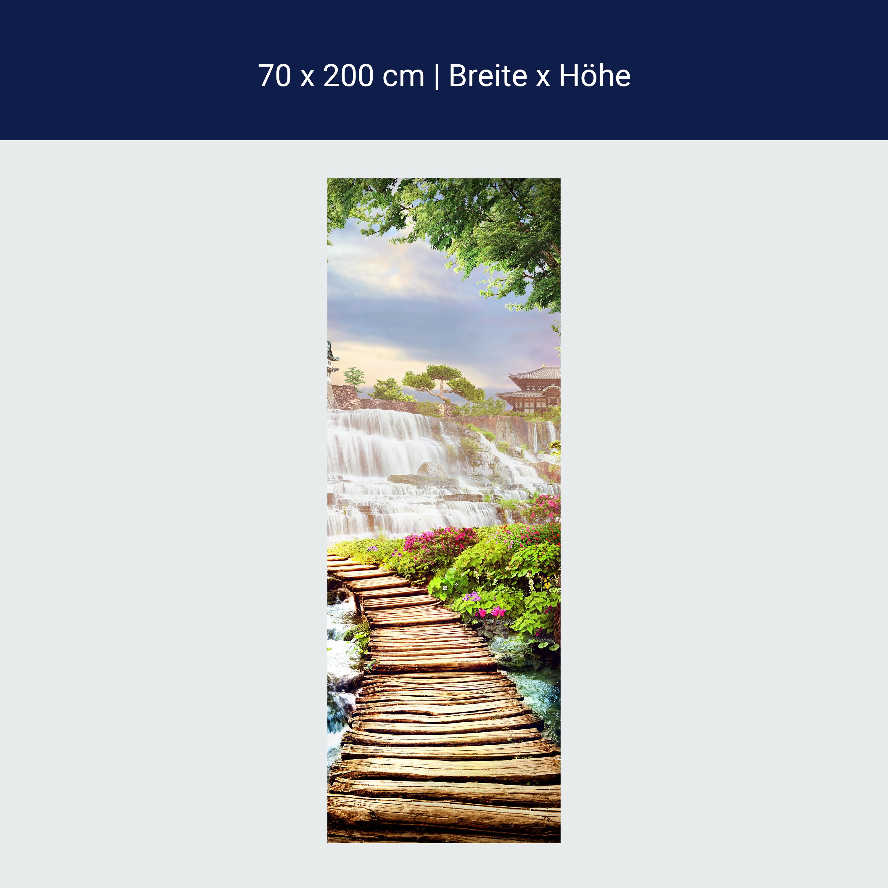 Türtapete Steg Wasserfall Pagode Baum M1410 Türtapete Steg Wasserfall Pagode Baum M1410