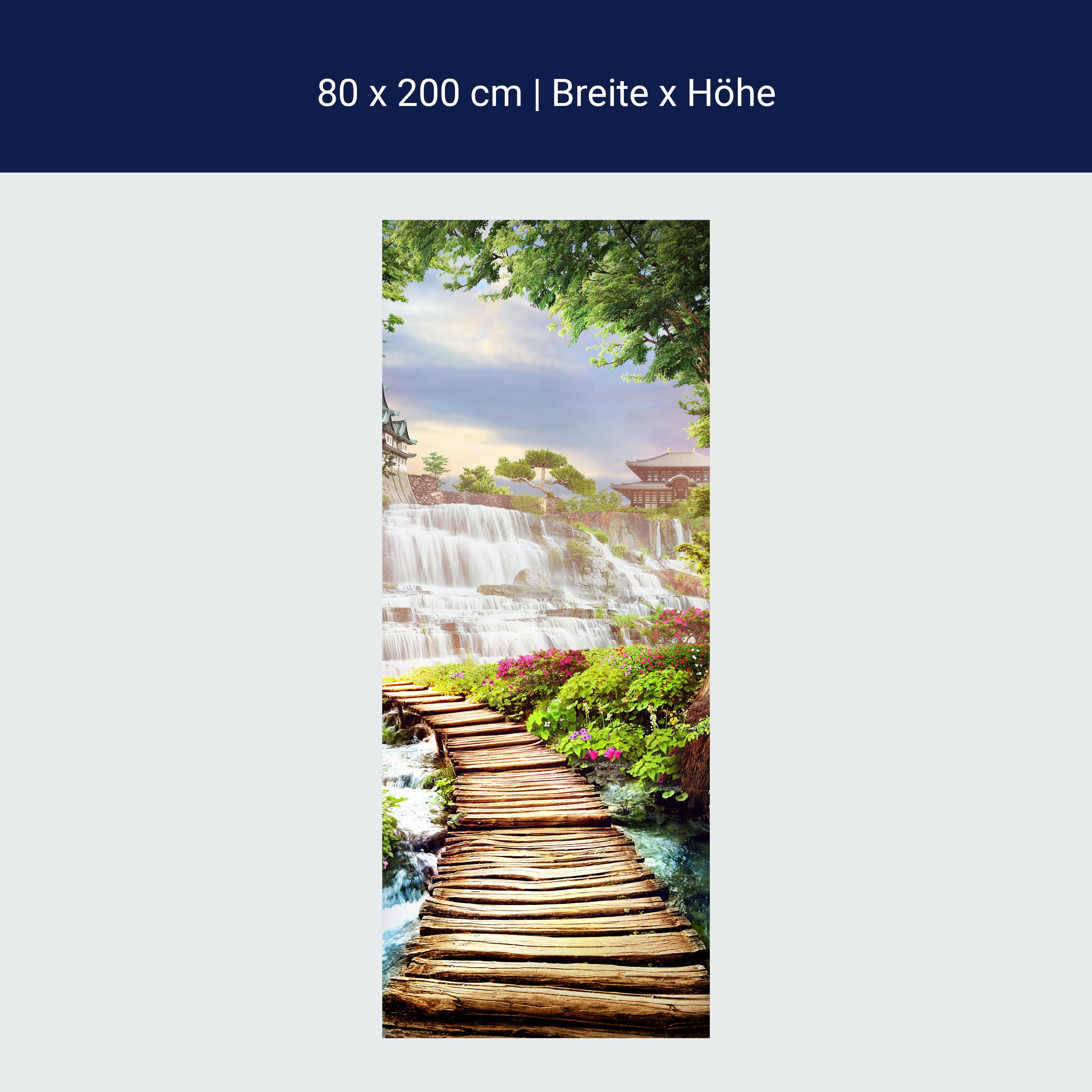Türtapete Steg Wasserfall Pagode Baum M1410 Türtapete Steg Wasserfall Pagode Baum M1410