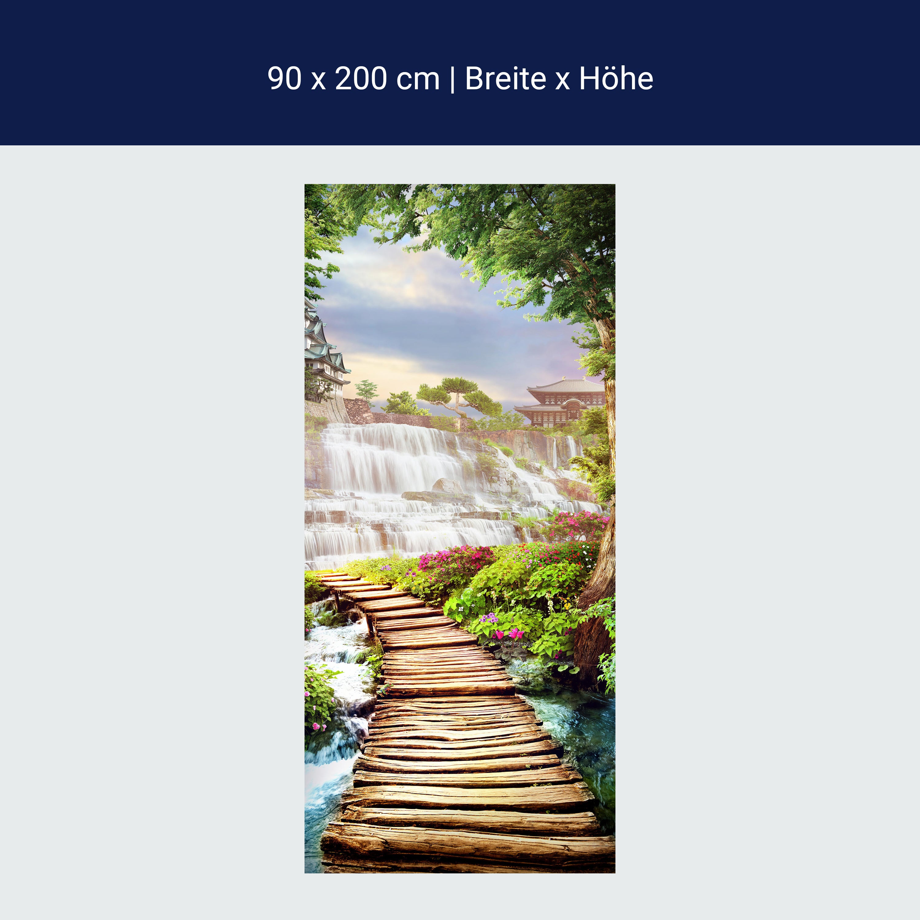 Türtapete Steg Wasserfall Pagode Baum M1410 Türtapete Steg Wasserfall Pagode Baum M1410