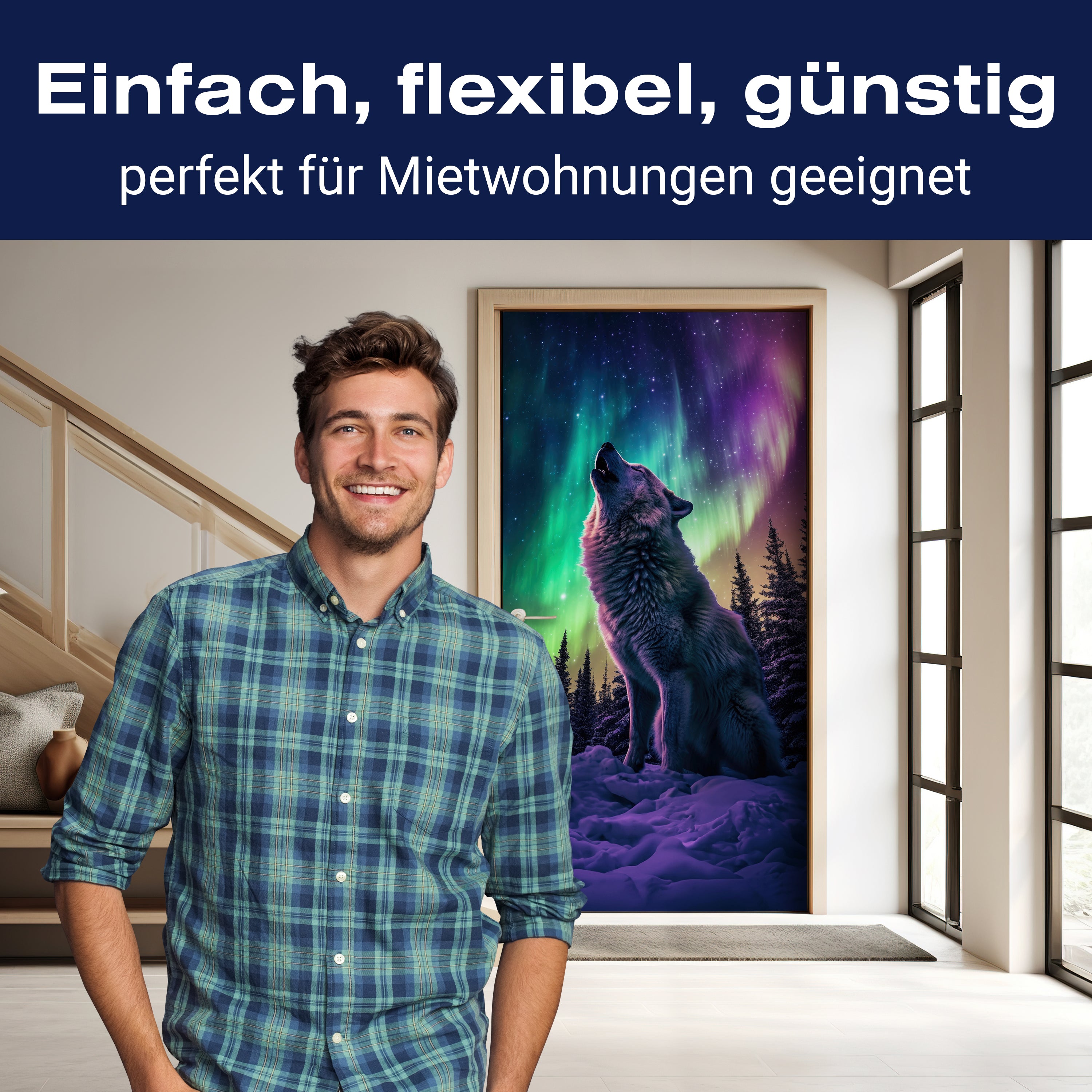 Türtapete heulender Wolf, Polarlicht, Winter M1462 - Bild 3 Türtapete heulender Wolf, Polarlicht, Winter M1462 - Bild 3