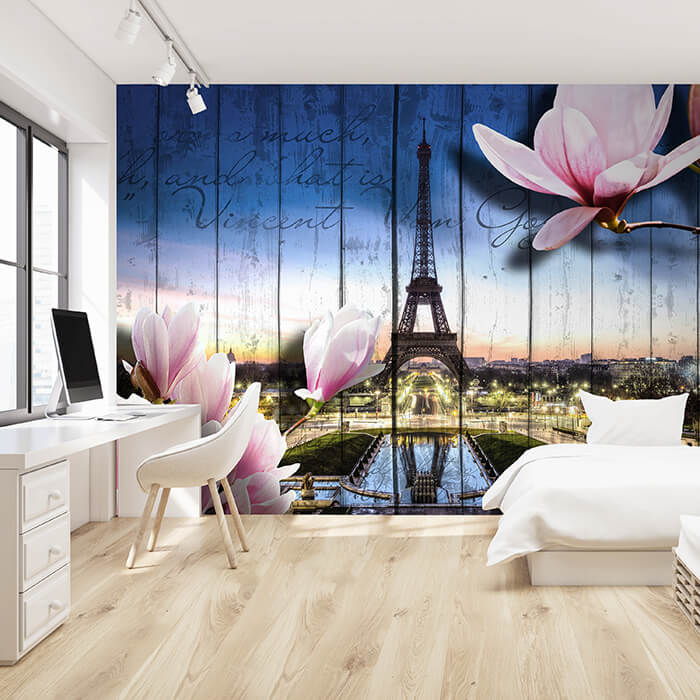 Fototapete Holz Blüten Paris Blau M1583 - Bild 1 Fototapete Holz Blüten Paris Blau M1583 - Bild 1