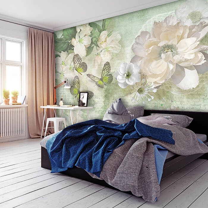 Fototapete Blumen Schmetterlinge hell grün M1754 - Bild 1 Fototapete Blumen Schmetterlinge hell grün M1754 - Bild 1