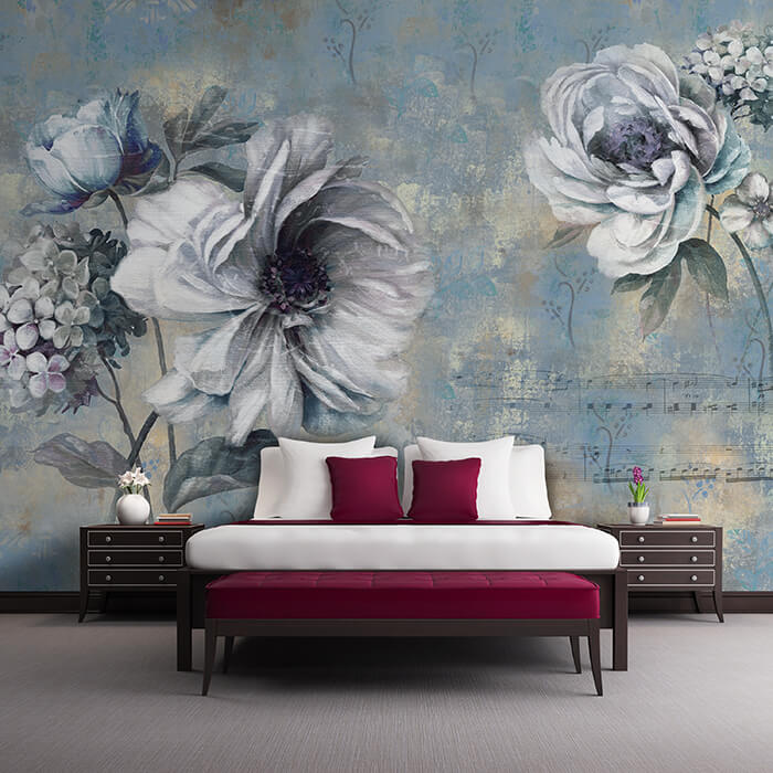 Fototapete Blumen alt blau Betonwand Musiknoten M4676 - Bild 1 Fototapete Blumen alt blau Betonwand Musiknoten M4676 - Bild 1