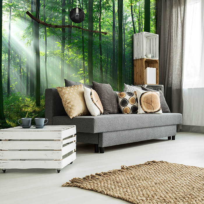 Fototapete Wald Sonnenstrahlen Nebel M5677 - Bild 1 Fototapete Wald Sonnenstrahlen Nebel M5677 - Bild 1