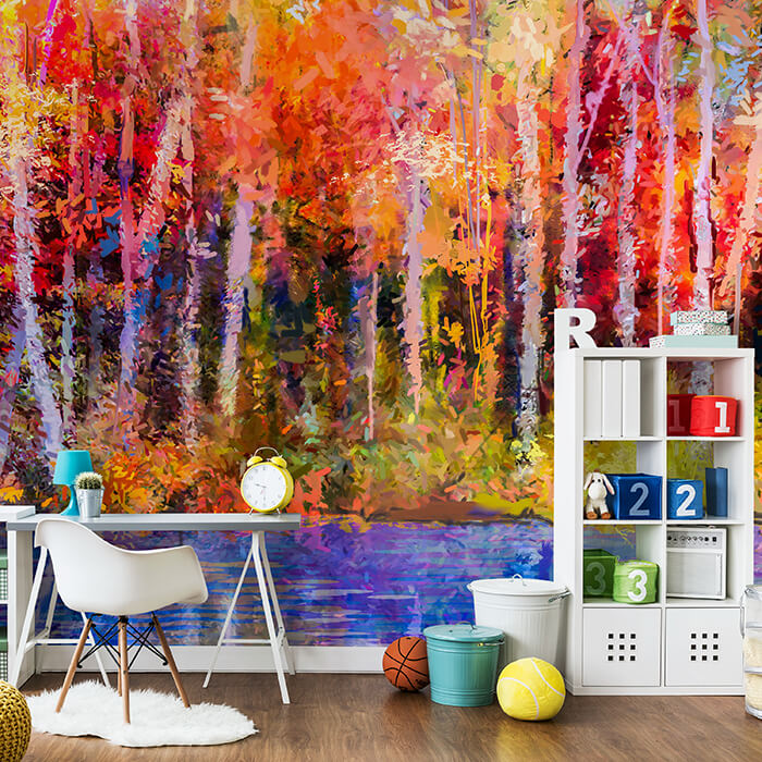 Fototapete Gemälde Birkenwald mit See M5983 - Bild 1 Fototapete Gemälde Birkenwald mit See M5983 - Bild 1