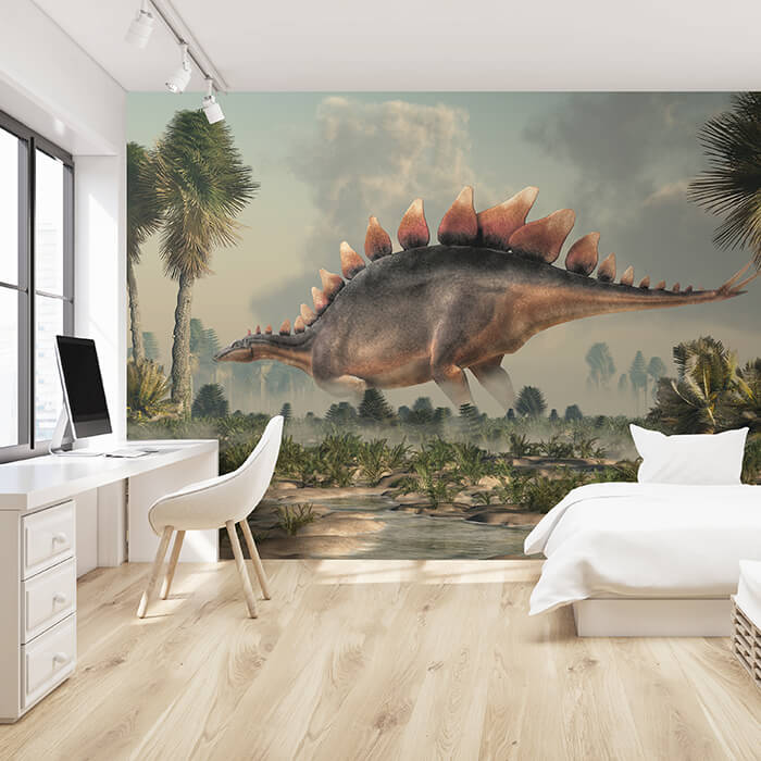 Fototapete Stegosaurus Dino zwischen Palmen M6018 - Bild 1 Fototapete Stegosaurus Dino zwischen Palmen M6018 - Bild 1