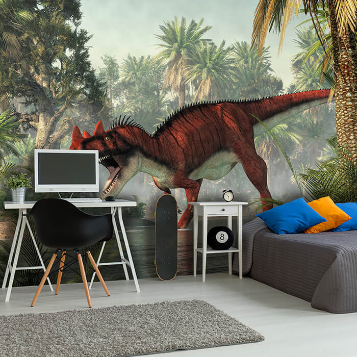 Fototapete Ceratosaurus im Wasser mit Palmen M6022 - Bild 1 Fototapete Ceratosaurus im Wasser mit Palmen M6022 - Bild 1