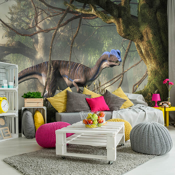 Fototapete Dilophosaurus Dino zwischen Bäumen M6024 - Bild 1 Fototapete Dilophosaurus Dino zwischen Bäumen M6024 - Bild 1